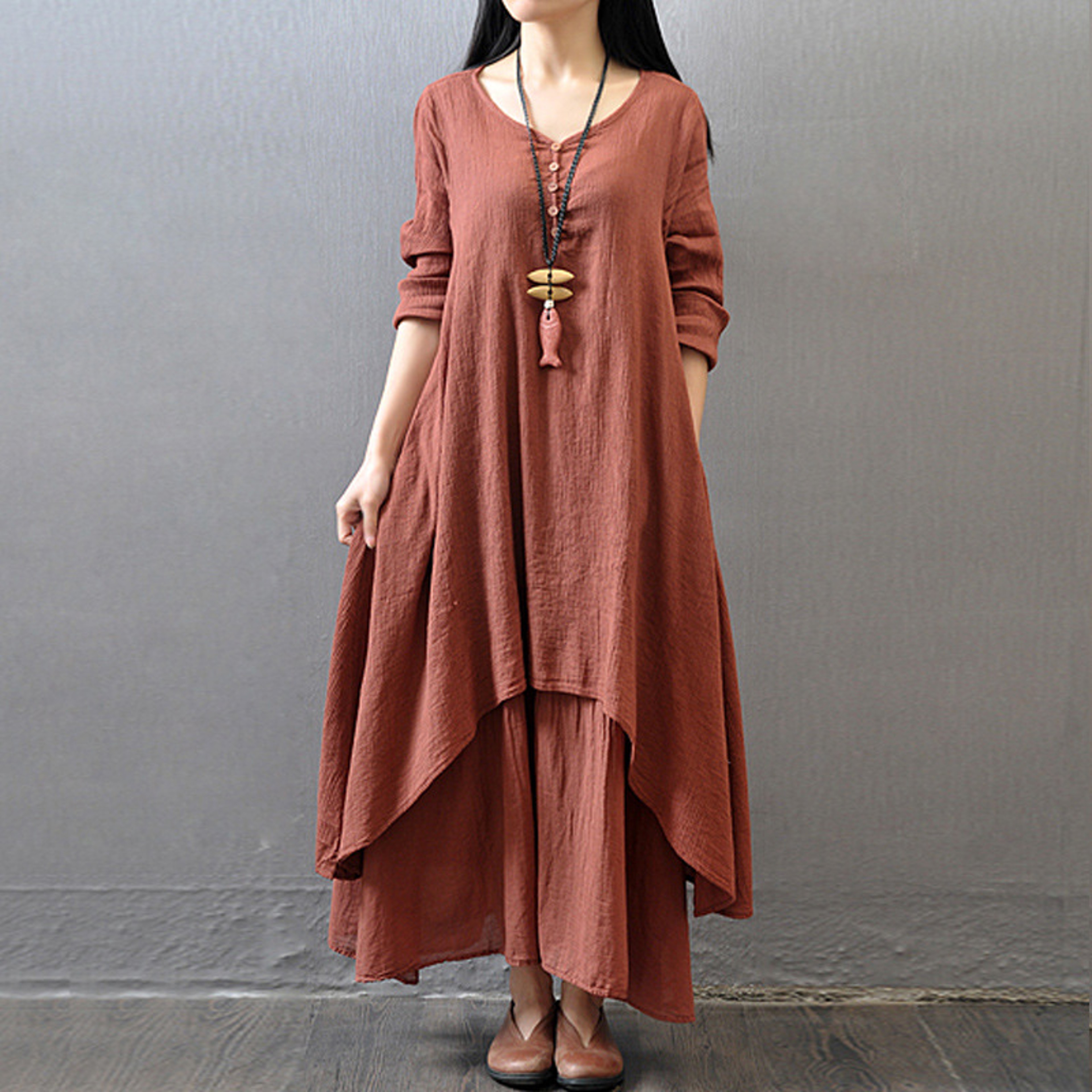 Comfy Loose Long Sleeve Robe, Mori Girl Style Dress for Women, Casual Plus Size Long Skirt – view 7