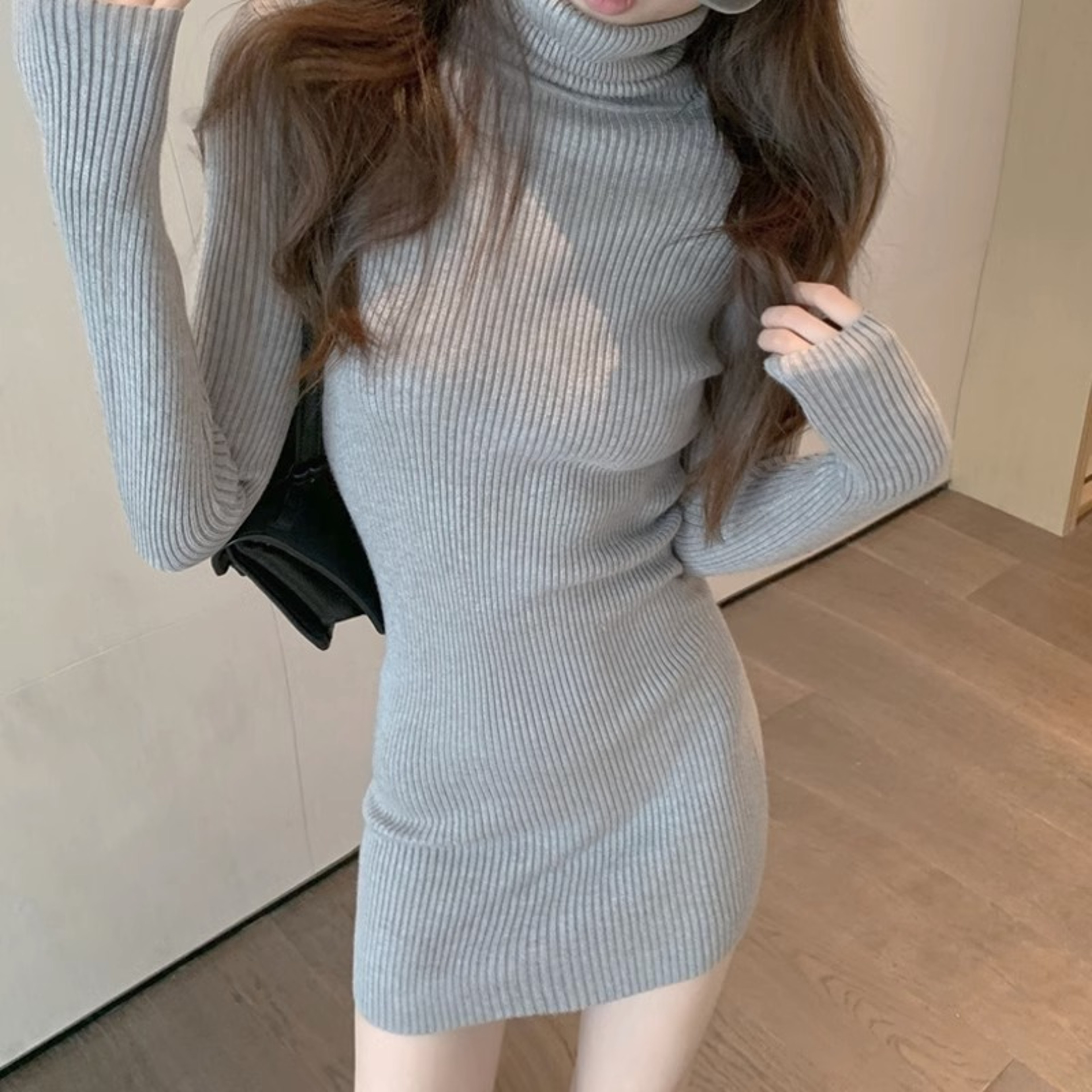 Sexy Mini Knitted Dress Autumn Winter Long Sleeve Casual Turtleneck Dress For Women 2