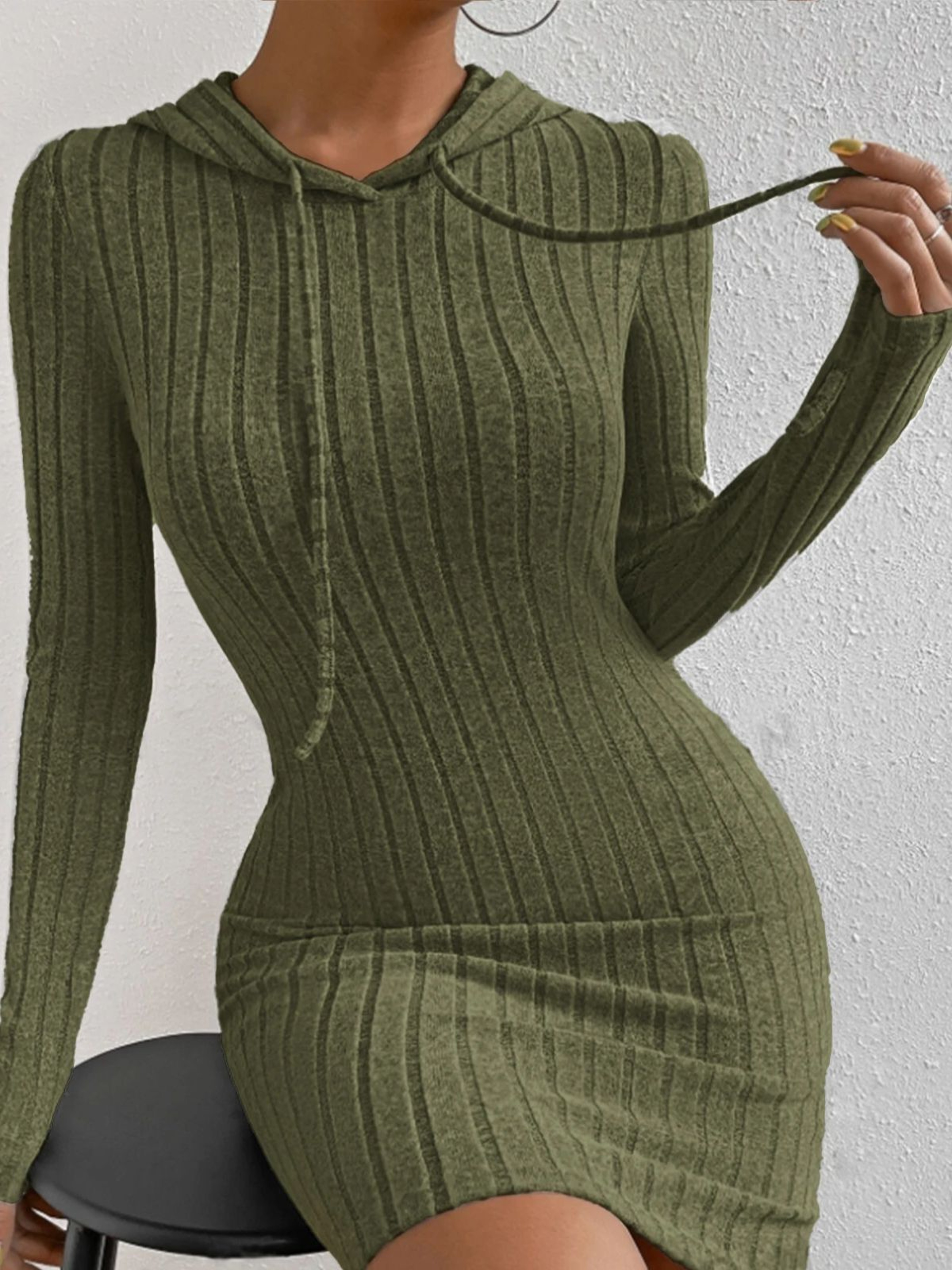 Casual Womens Hooded Drawstring Dress, Tight-Fitting Long Sleeve Dress for Spring and Fall – view 7