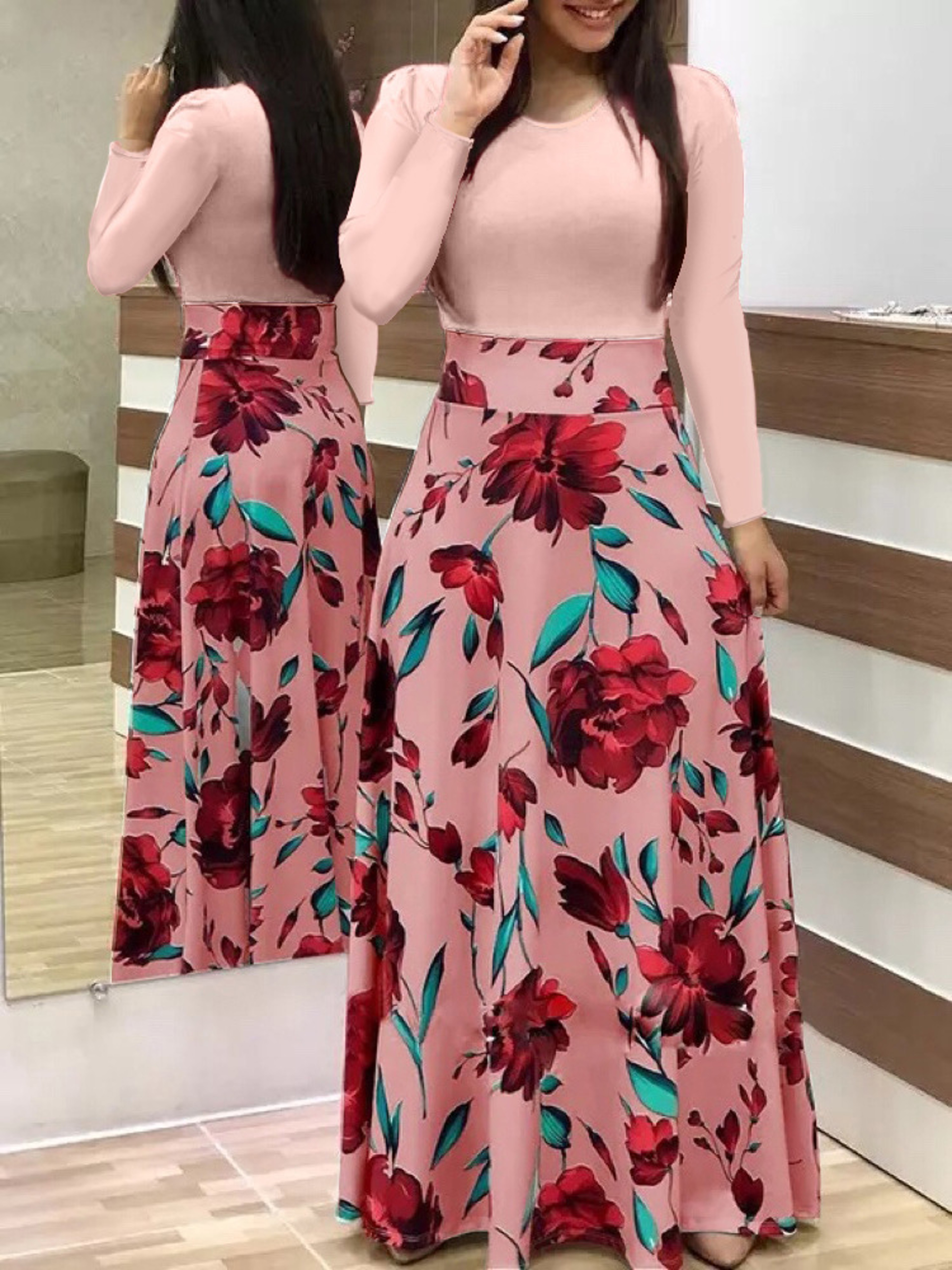 Long Dresses Autumn Flower Color Matching Dresses Womens Clothing 7