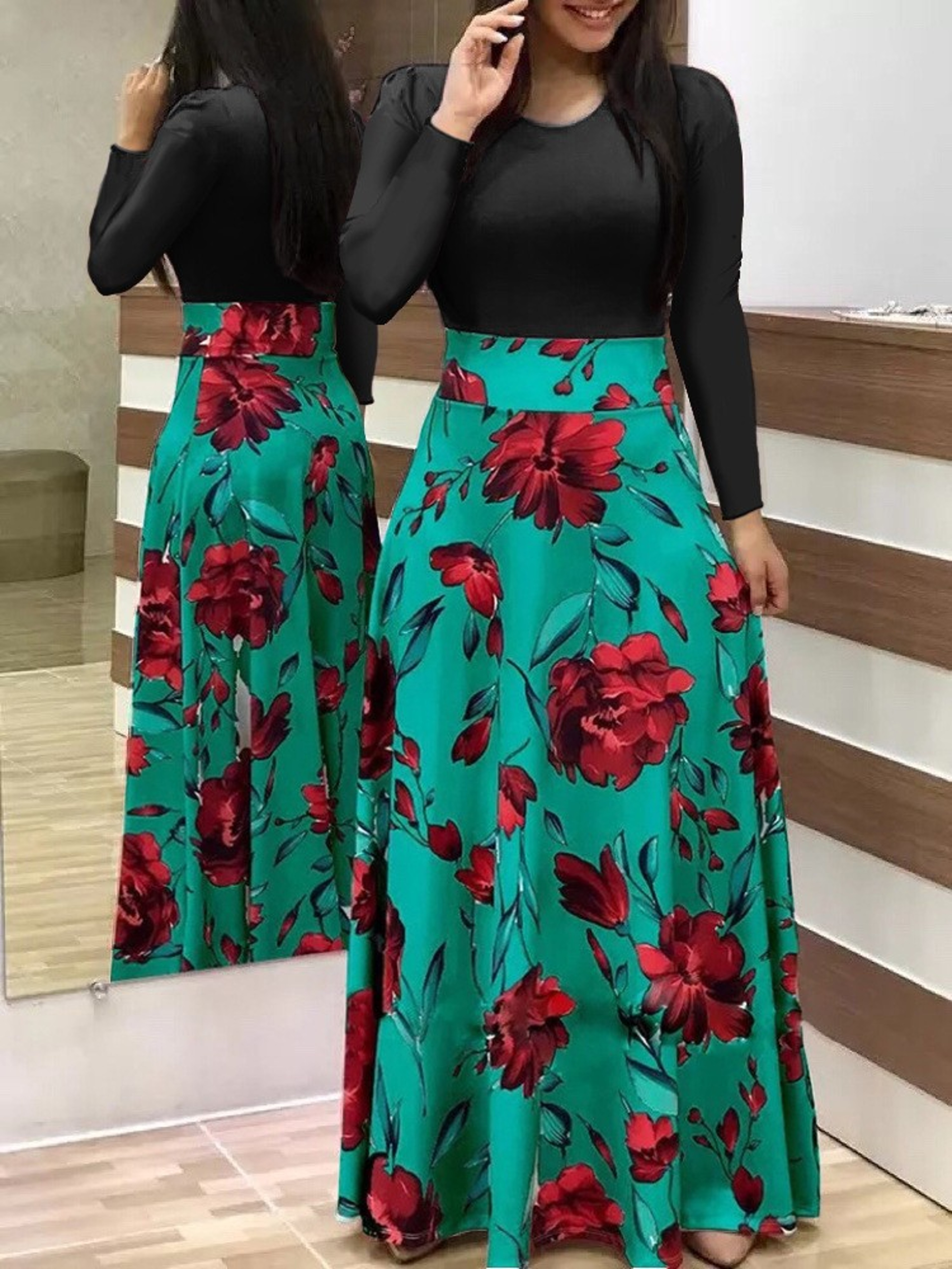 Long Dresses Autumn Flower Color Matching Dresses Womens Clothing 9