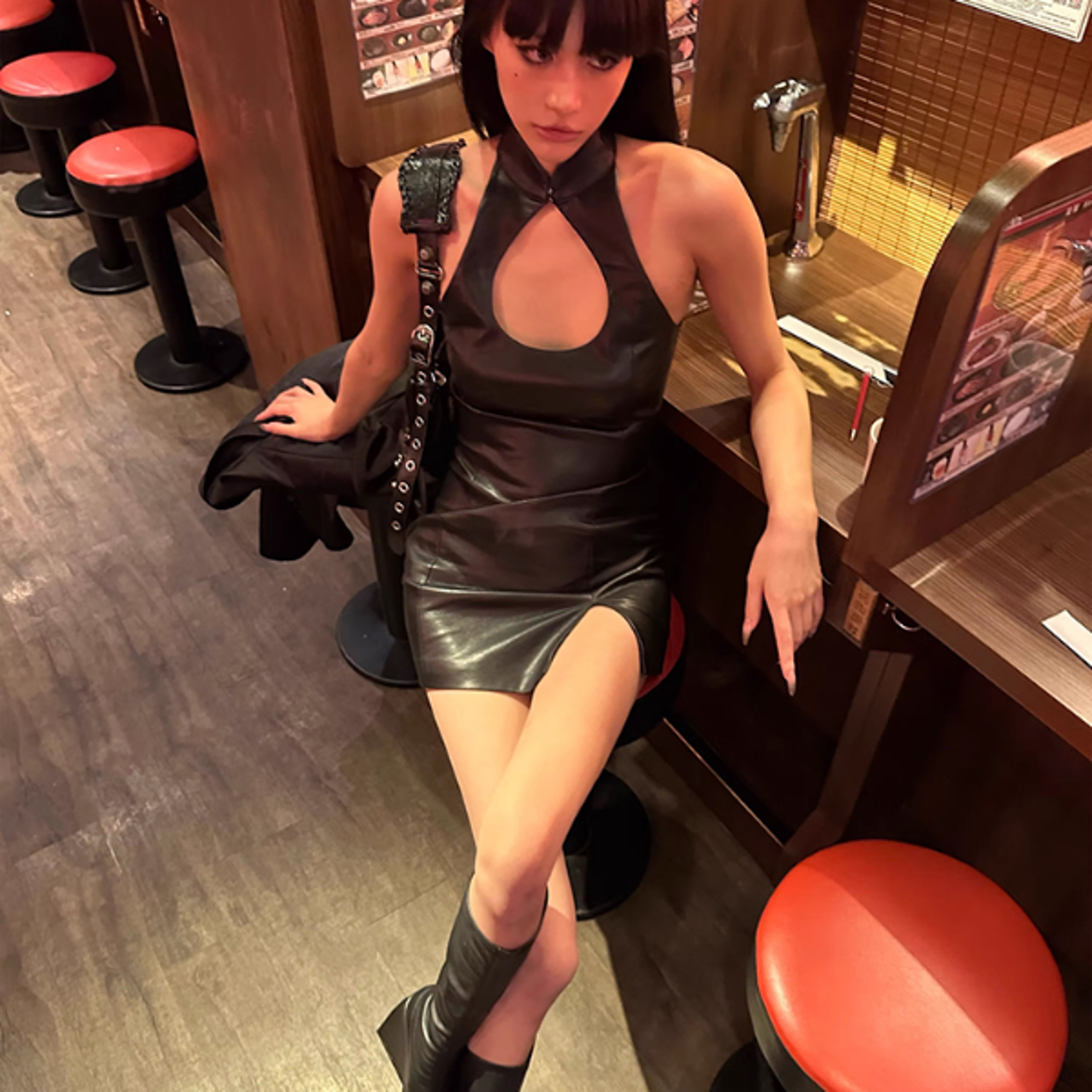 Lautaro Spring Autumn Sexy Black Faux Leather Mini Halter Dress Women with Slit Luxury Hollow Out Sh