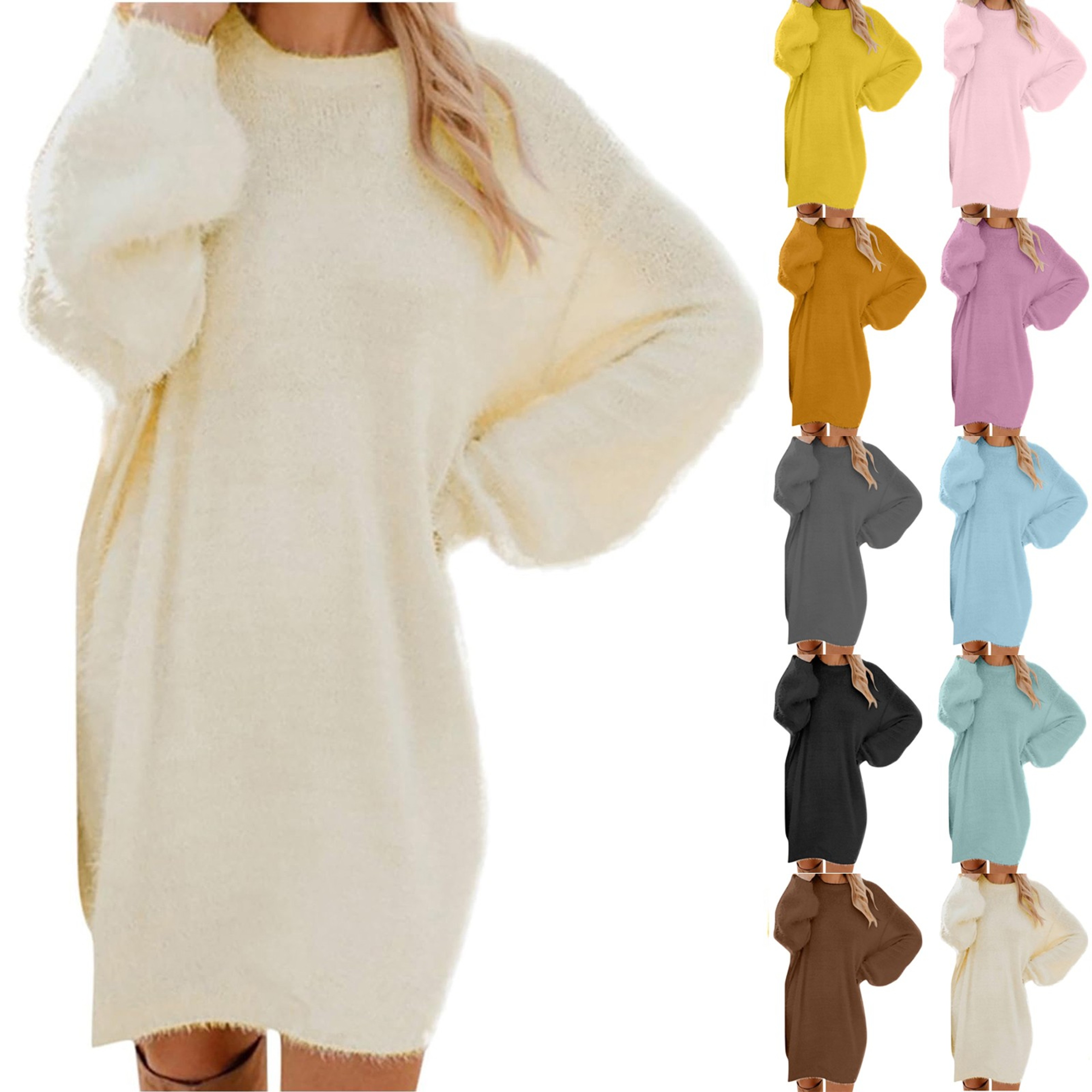 Oversized Basic Ladies Cloth, Women Winter Sweater Knit Crewneck, Warm Long Sleeve Casual Dress – view 6