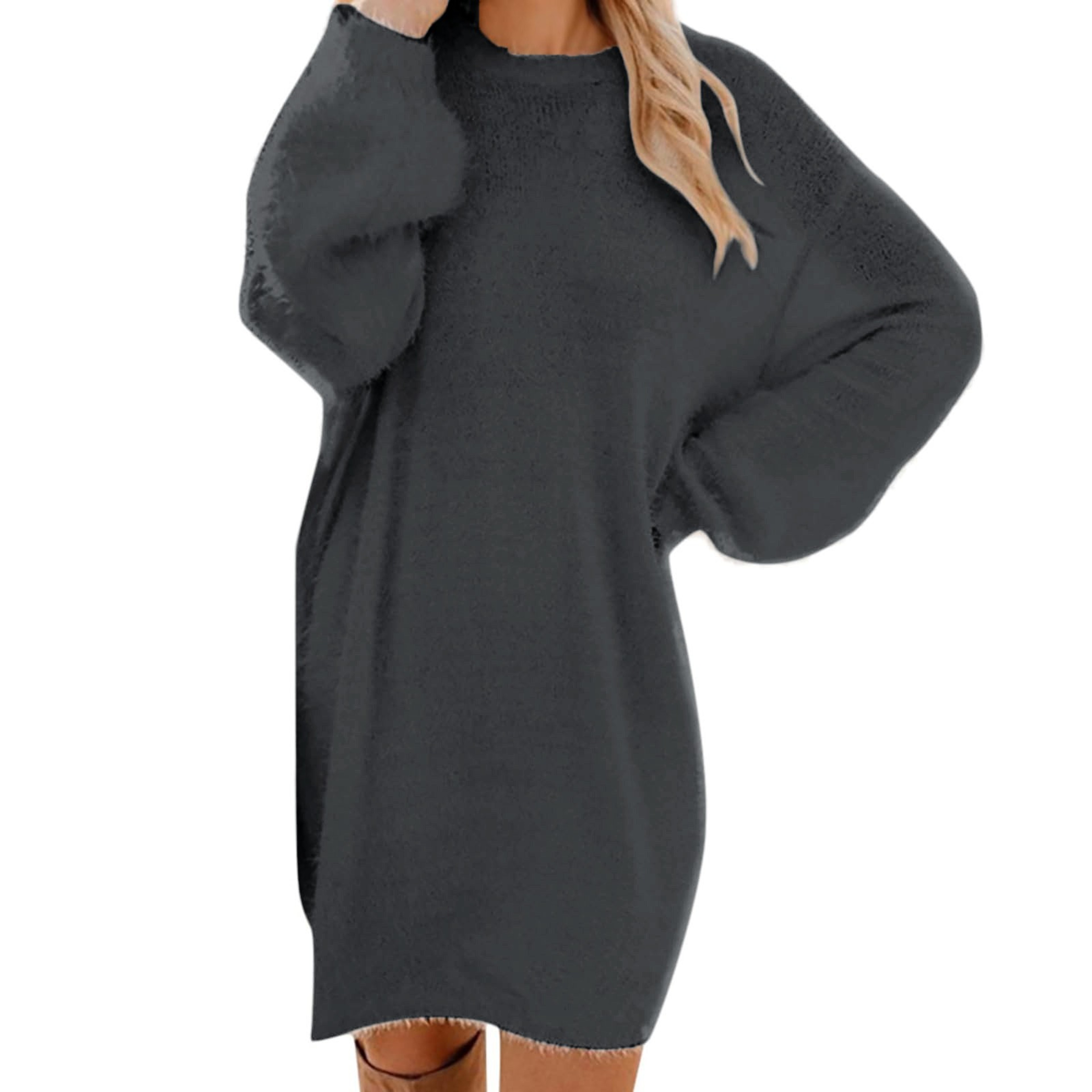 Oversized Basic Ladies Cloth, Women Winter Sweater Knit Crewneck, Warm Long Sleeve Casual Dress – view 10