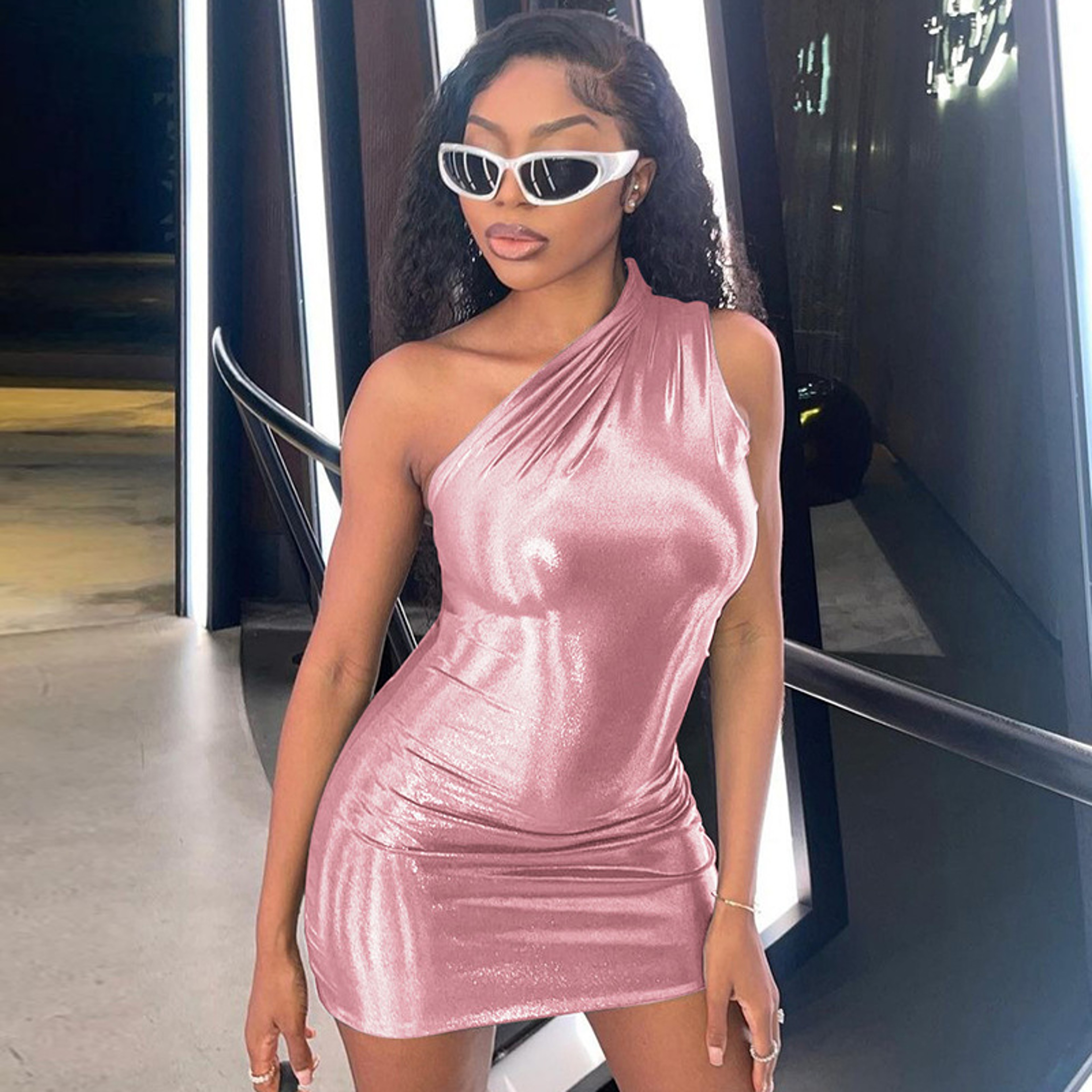 Summer Sexy Slim Mini Sleeveless Dress, Solid Glitter Bodycon, Wome Inclined Shoulder Casual Party A-Line Vestidos – view 5