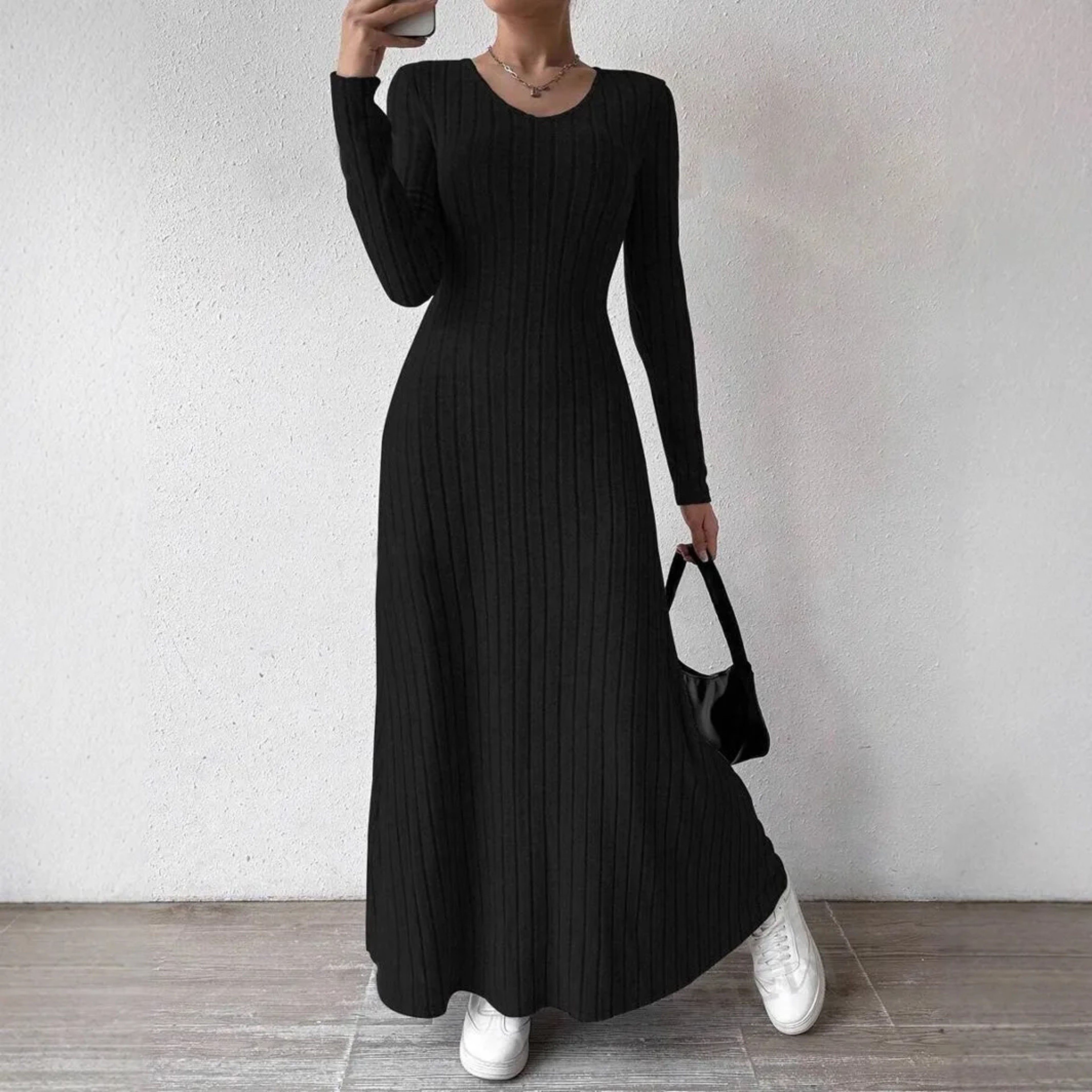 Elegant Knitted Long Sleeve Dress for Women – Slimming A-Line Dress Maxi Style – view 4