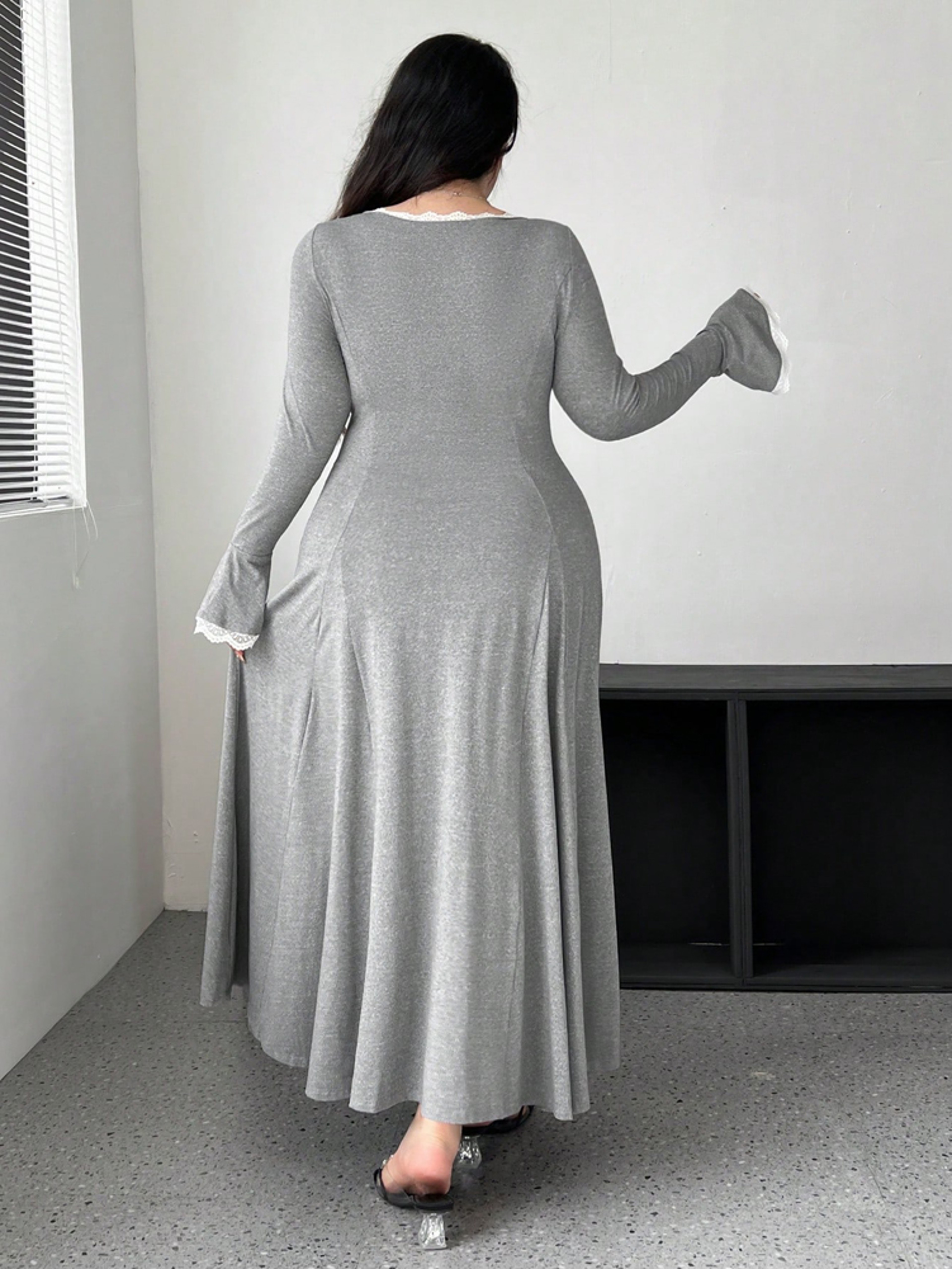 Slim A-Line Draped Dress Maxi for Plus Size Women - Elegant Pure Color Knit Outfit - Best Autumn Choice – view 4