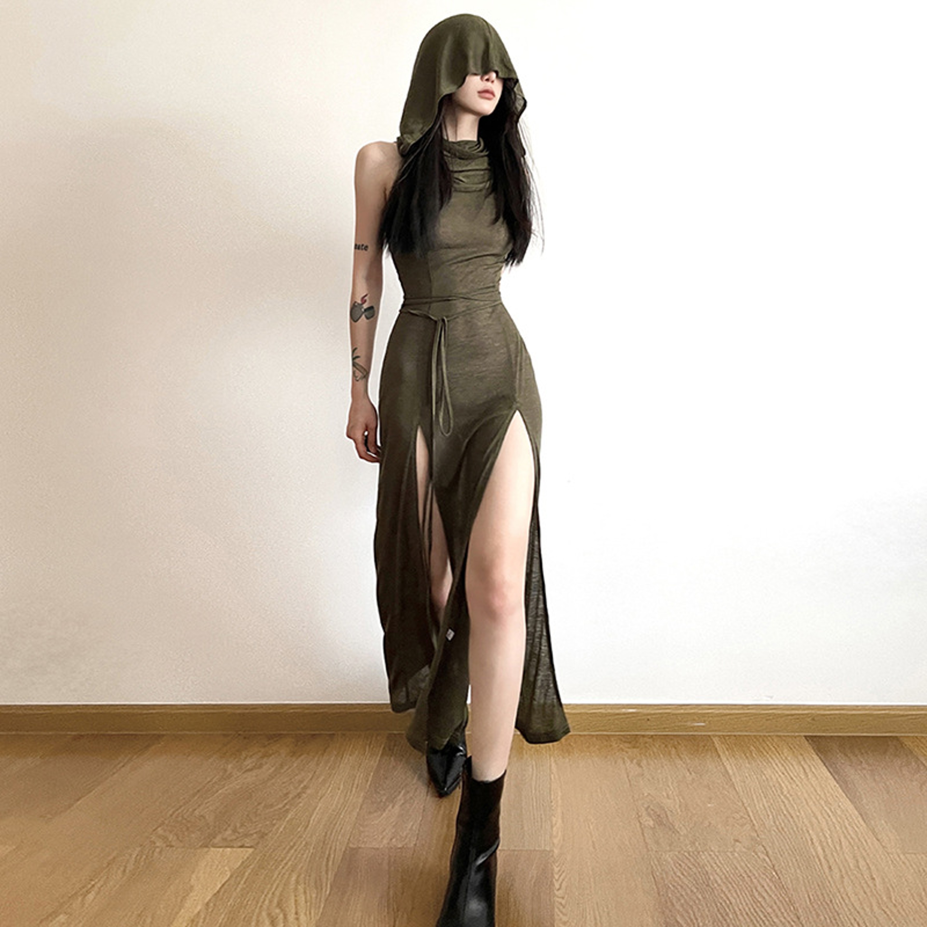 Sexy European And American Style Sleeveless Hooded Dress Long Split Hollow Out Pure Color Womens Go 0
