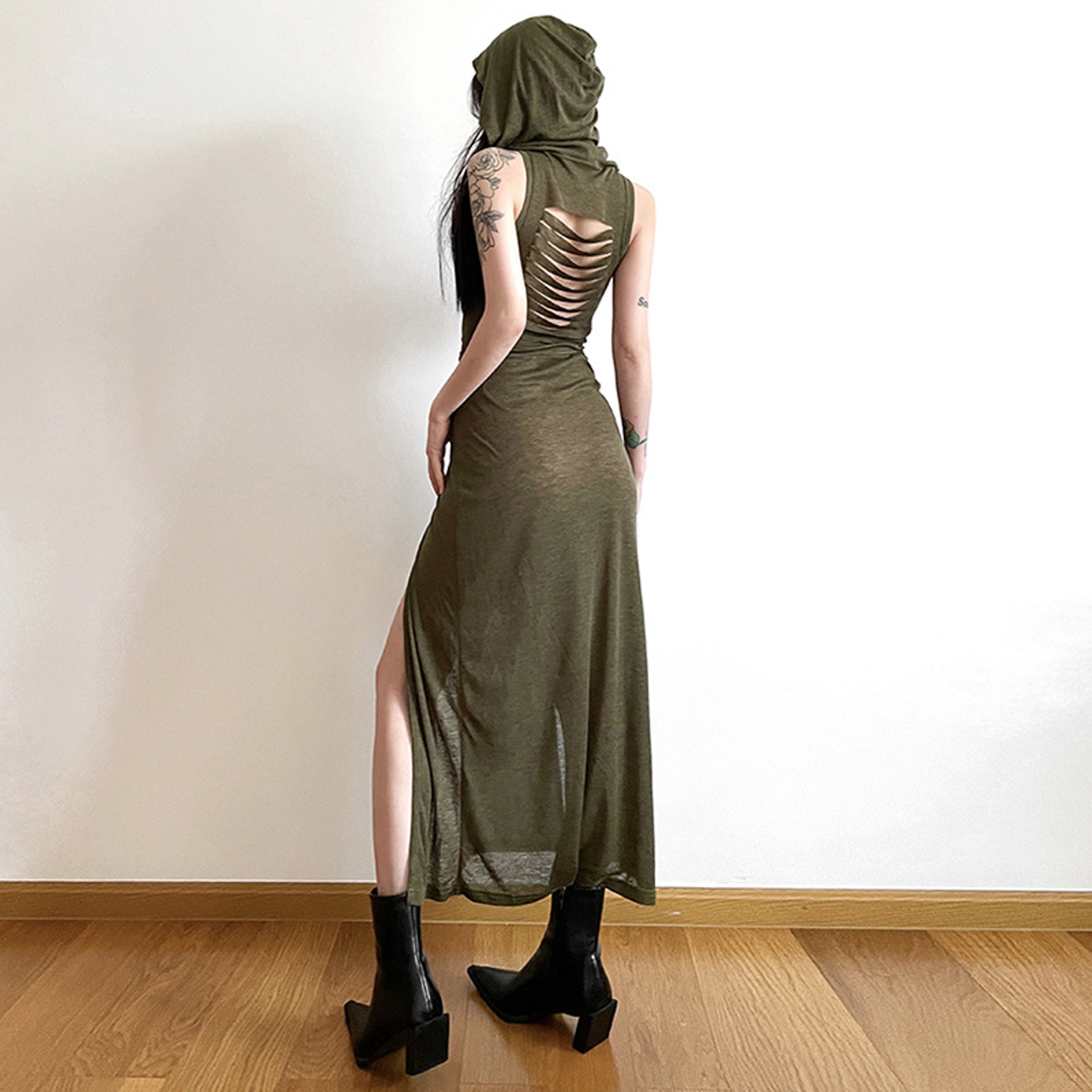 Sexy European And American Style Sleeveless Hooded Dress Long Split Hollow Out Pure Color Womens Go 4