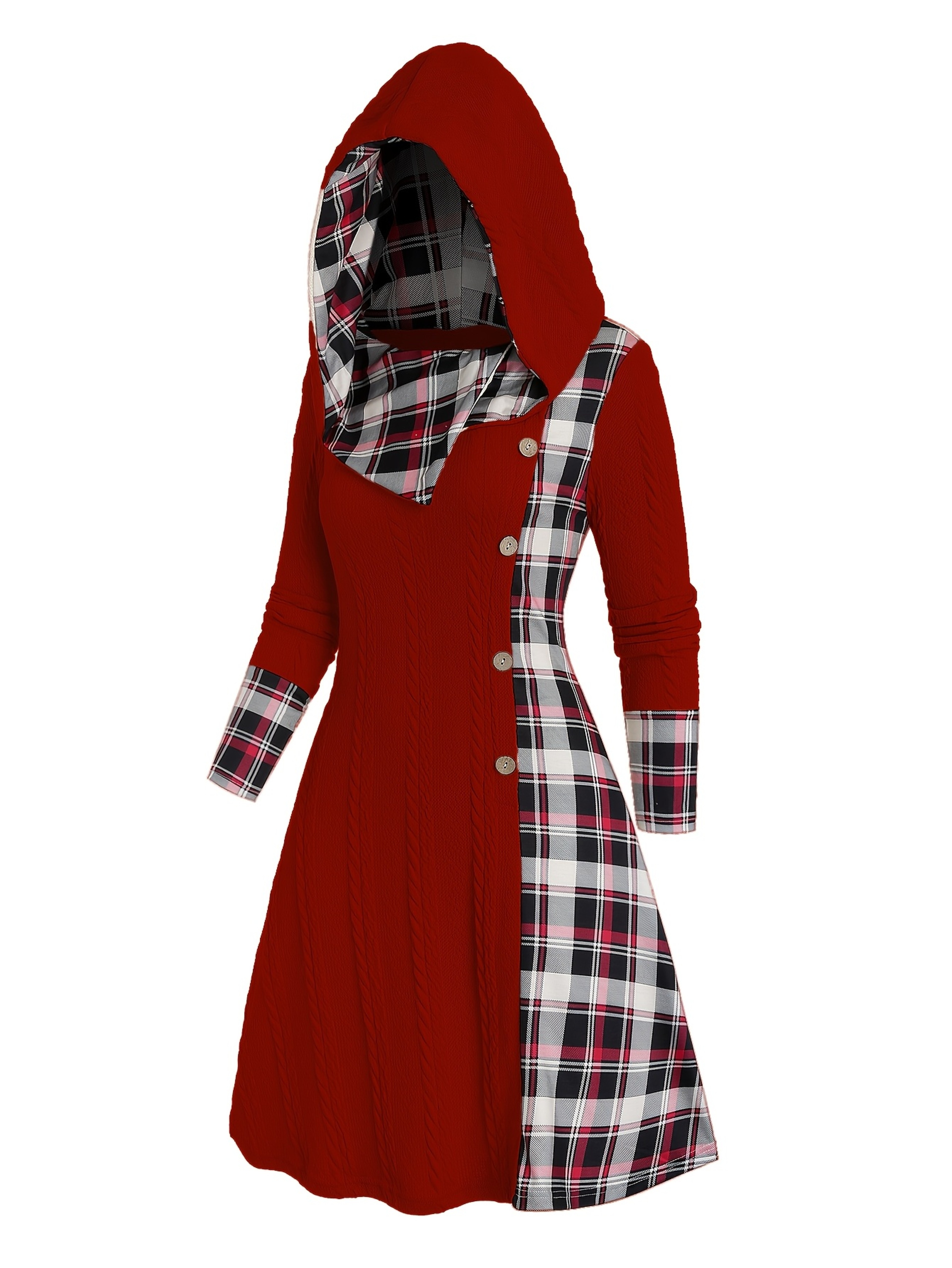 Plaid Print Knitted Hooded Dress, Fake Buckle High Waist, Long Sleeve A-line Dress – view 5