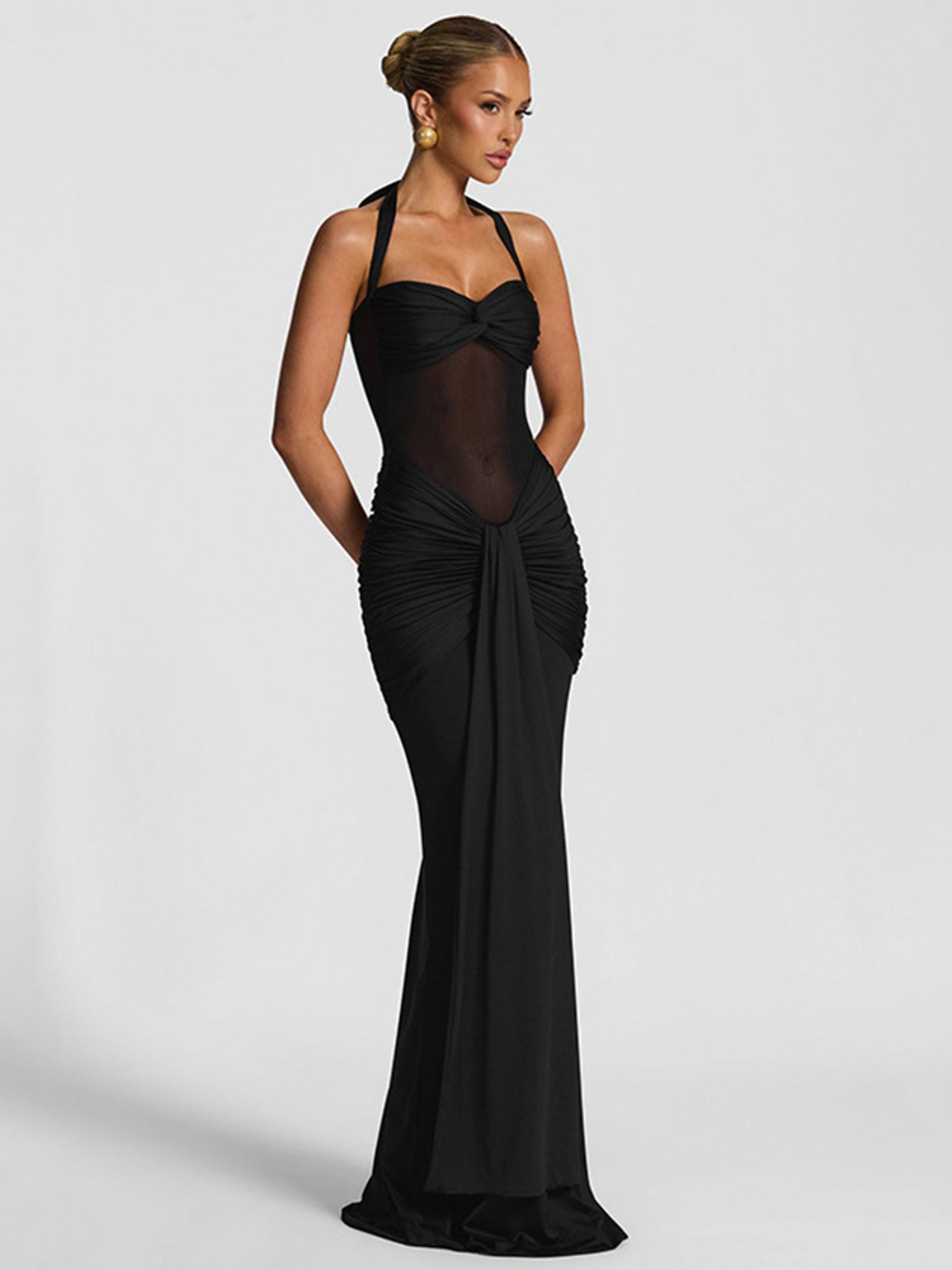 Sexy Patchwork Elegant Maxi Dress Women Trendy Halter Backless Bodycon With Sheer Ribbons For Eveni 5