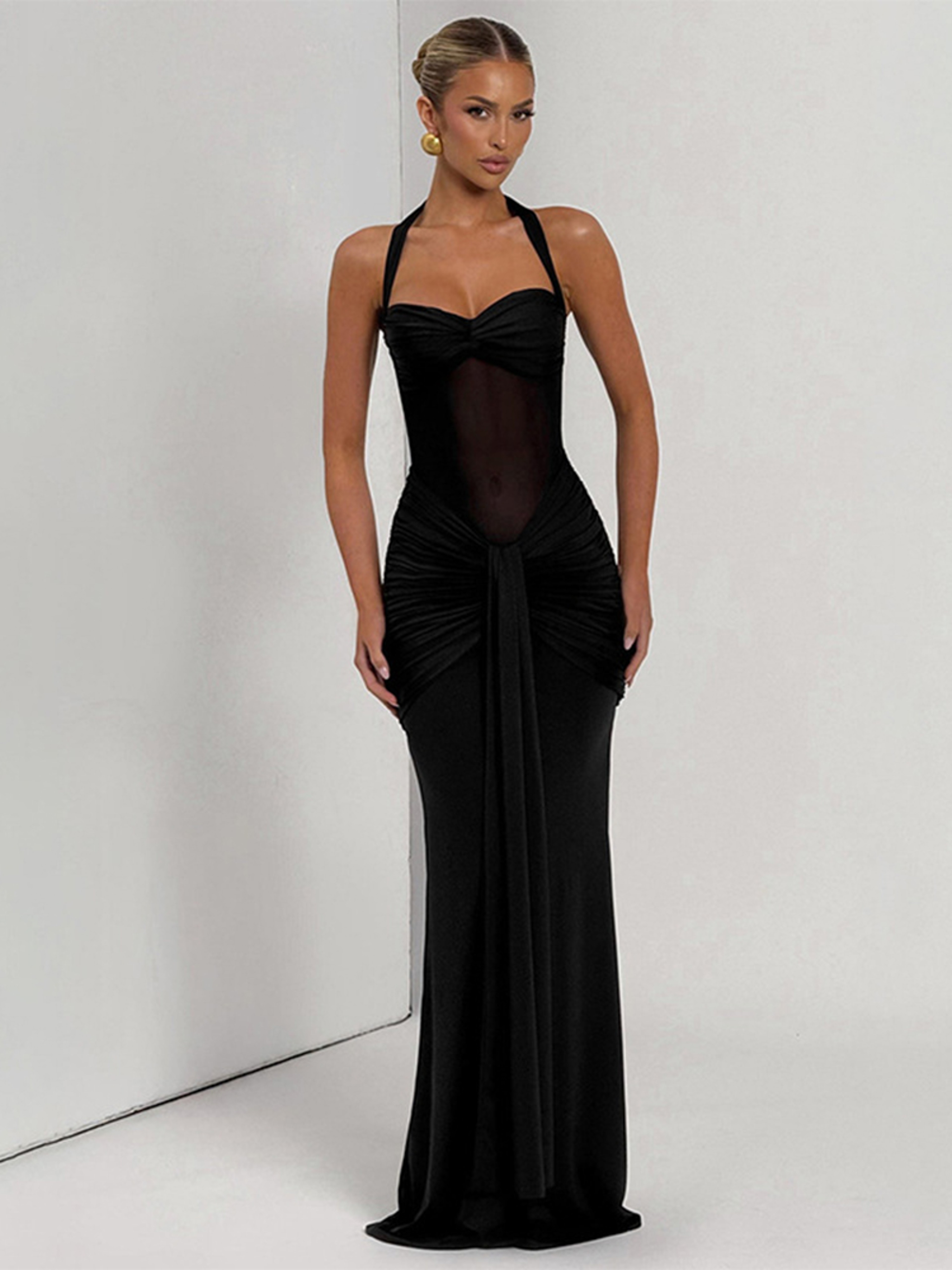 Sexy Patchwork Elegant Maxi Dress Women Trendy Halter Backless Bodycon With Sheer Ribbons For Eveni 7