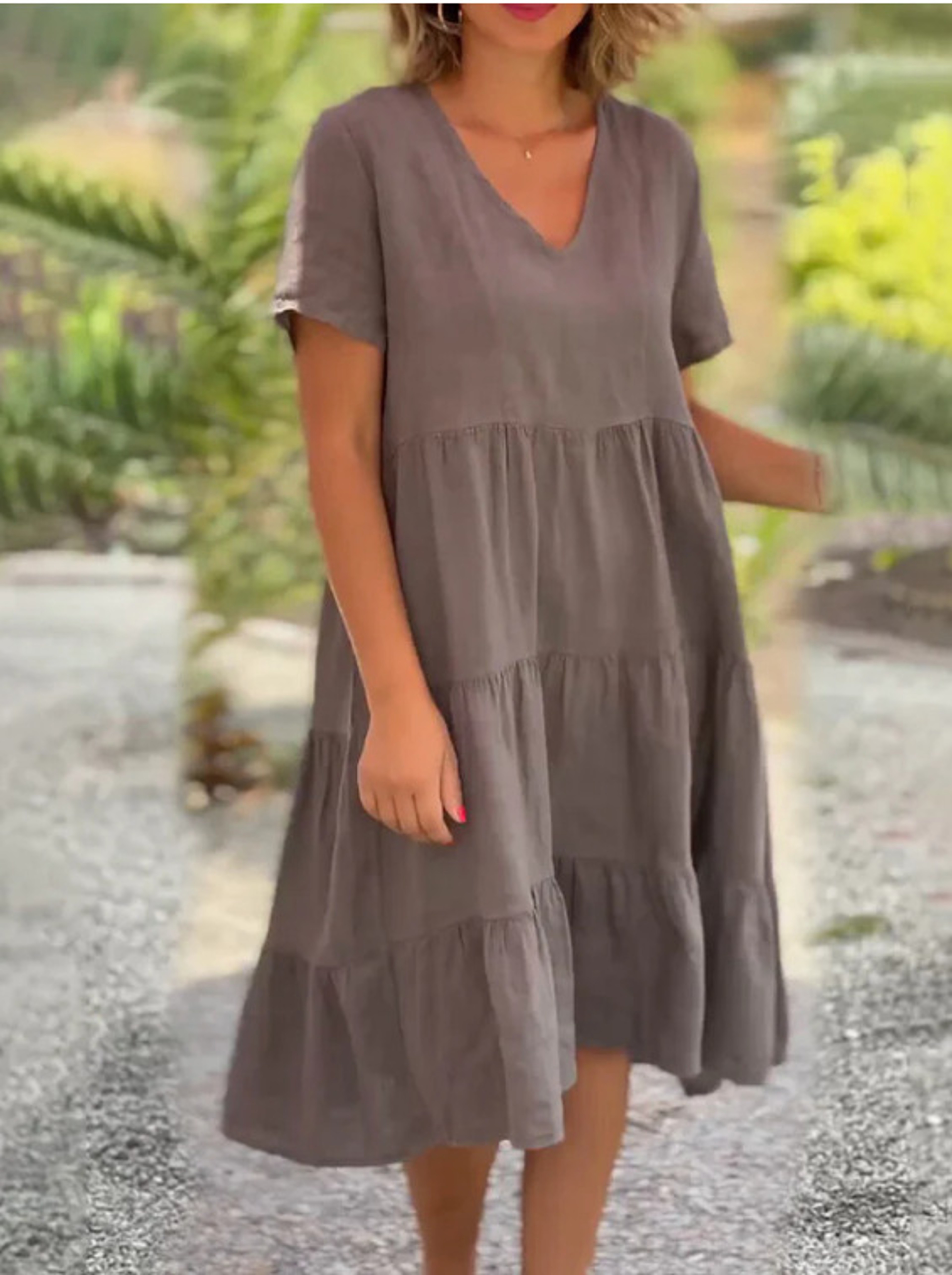 Solid V-neck Large Swing Loose Dress for Summer Sweet Style – view 5