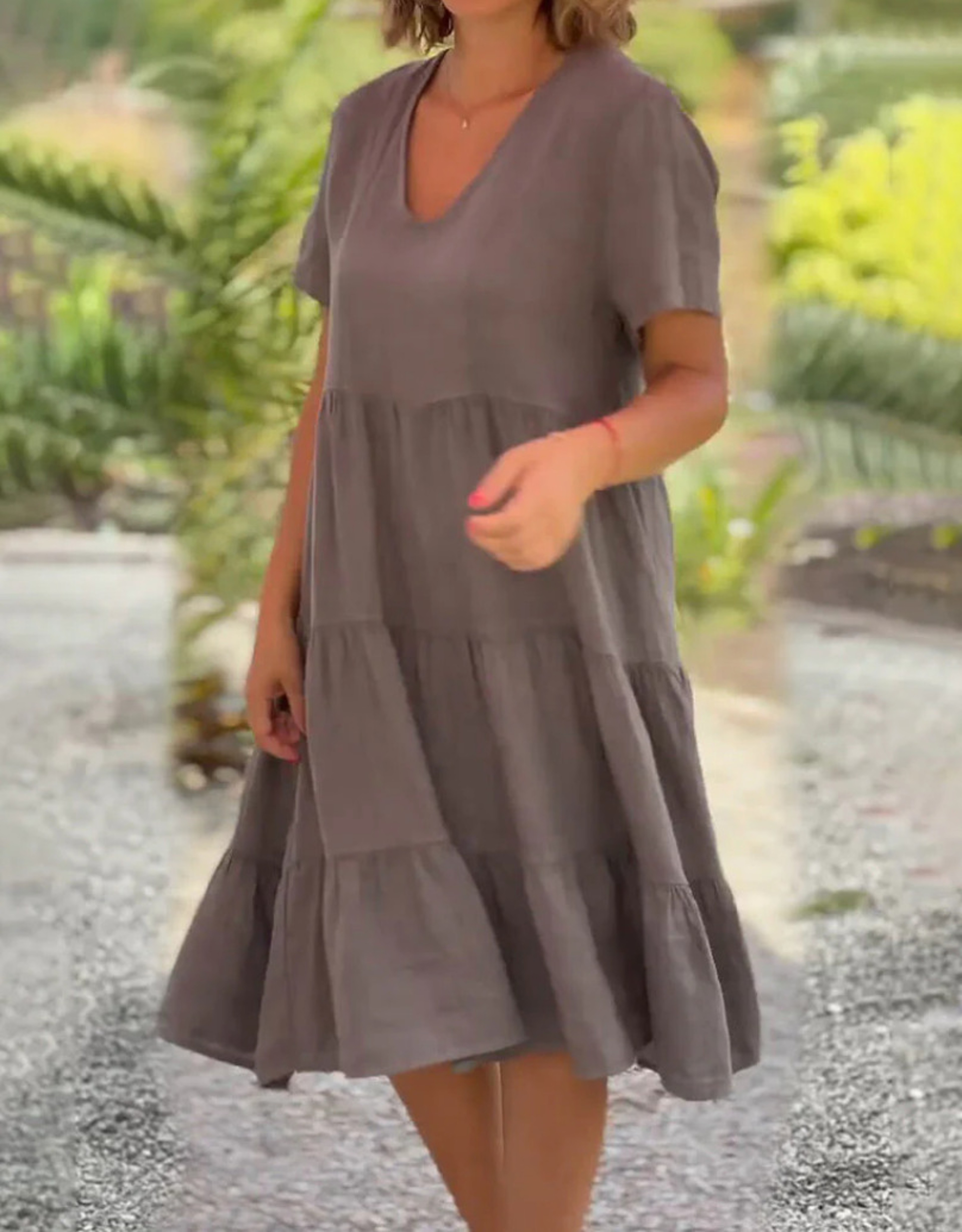 Solid V-neck Large Swing Loose Dress for Summer Sweet Style – view 6