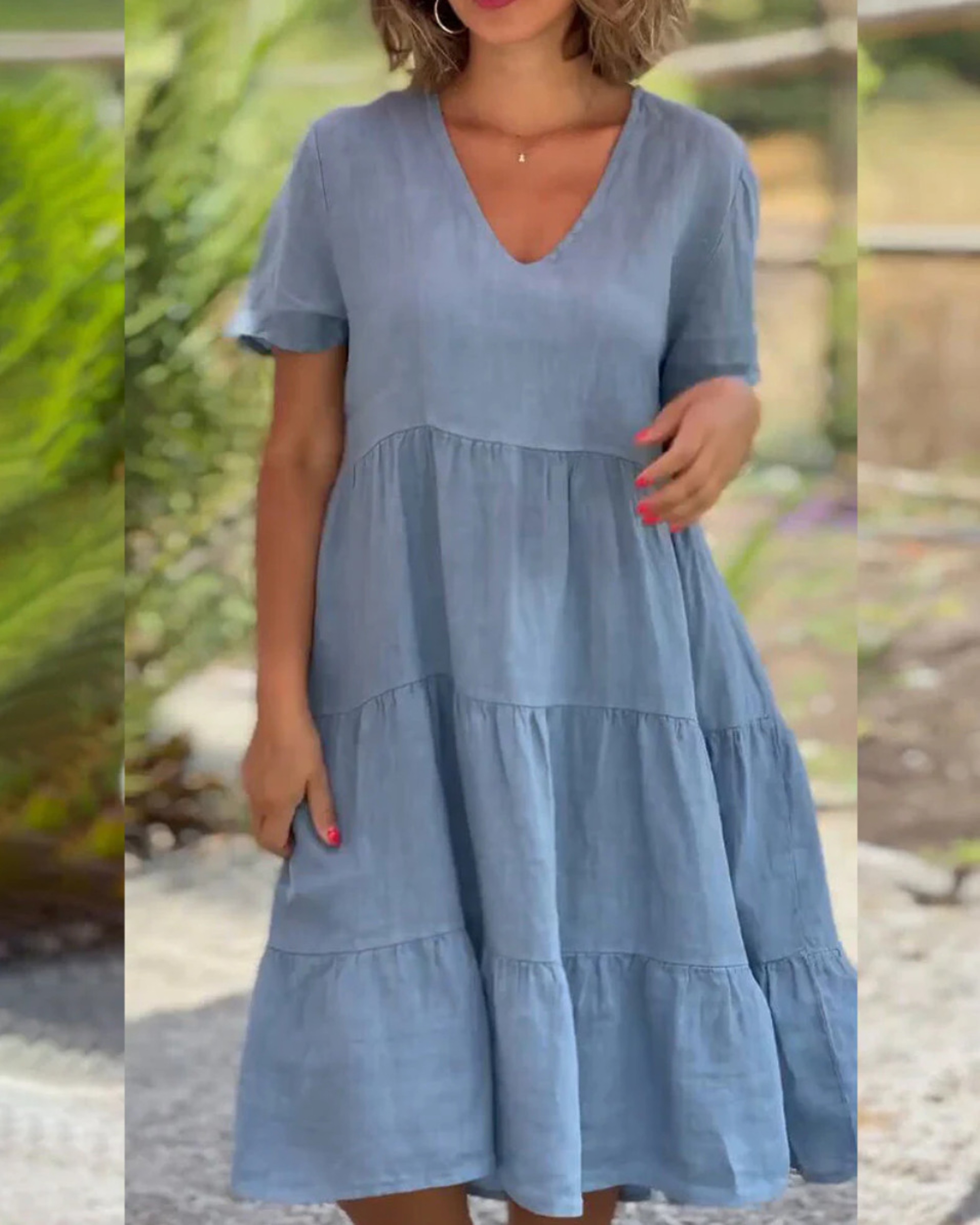 Solid V-neck Large Swing Loose Dress for Summer Sweet Style – view 11