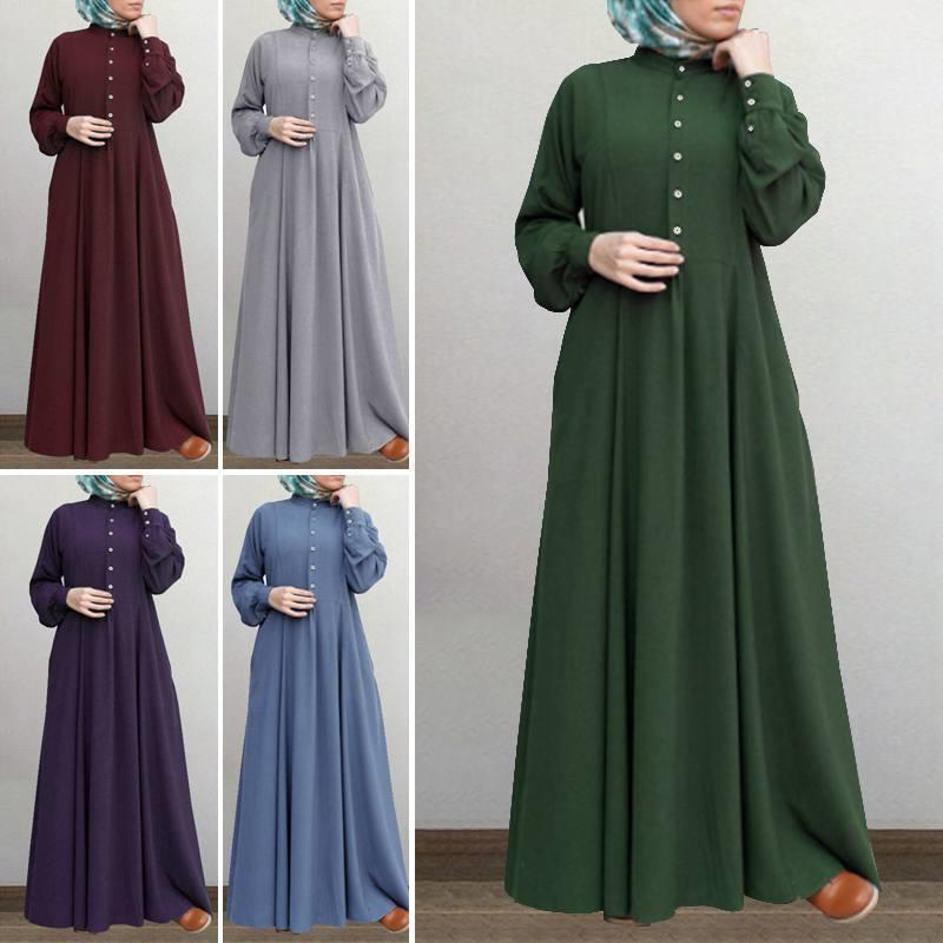 Spring Casual Loose Waist Retro Muslim Abaya Long Robe Big Swing Style Cotton Solid Color Patchwork Dress – view 1