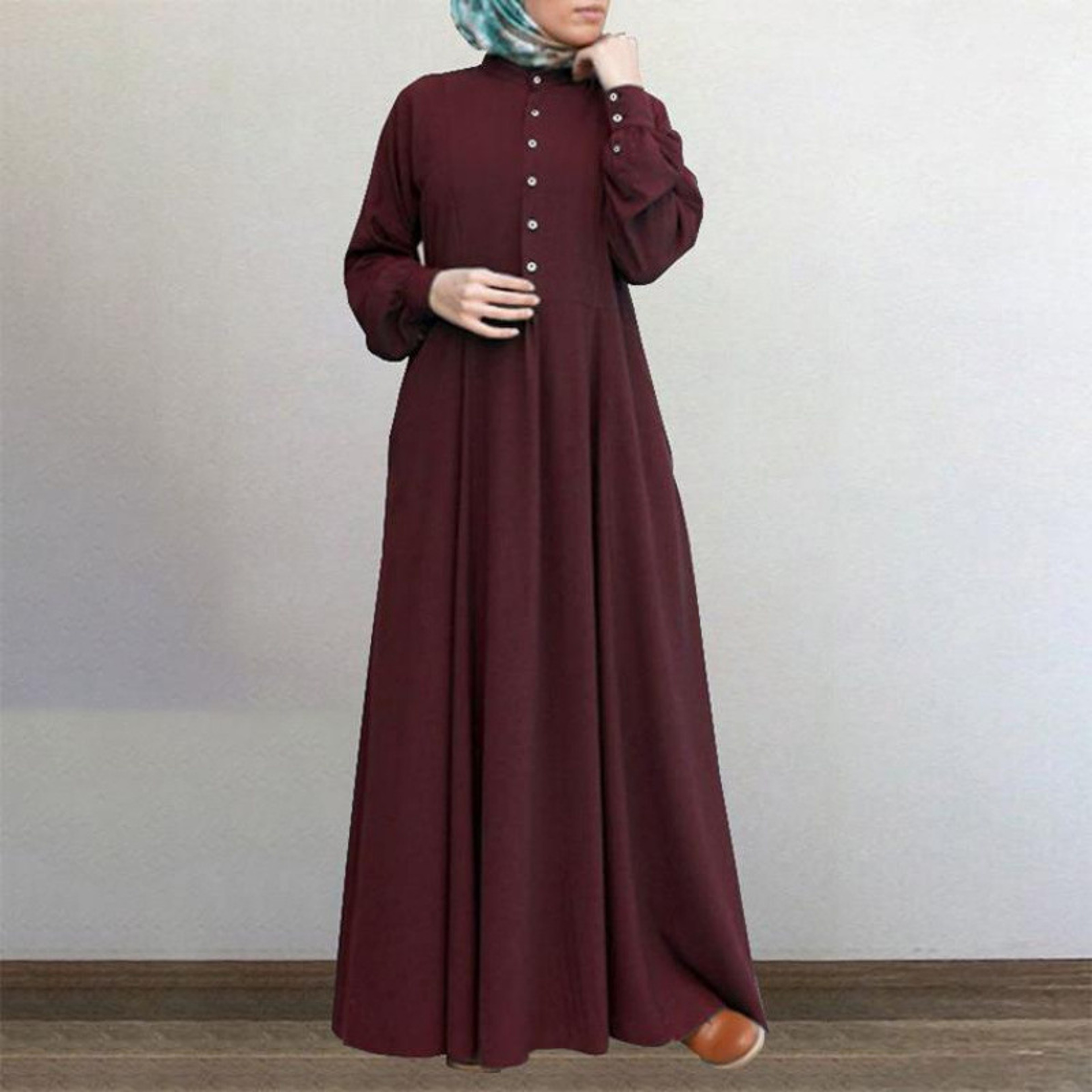 Spring Casual Loose Waist Retro Muslim Abaya Long Robe Big Swing Style Cotton Solid Color Patchwork Dress – view 3