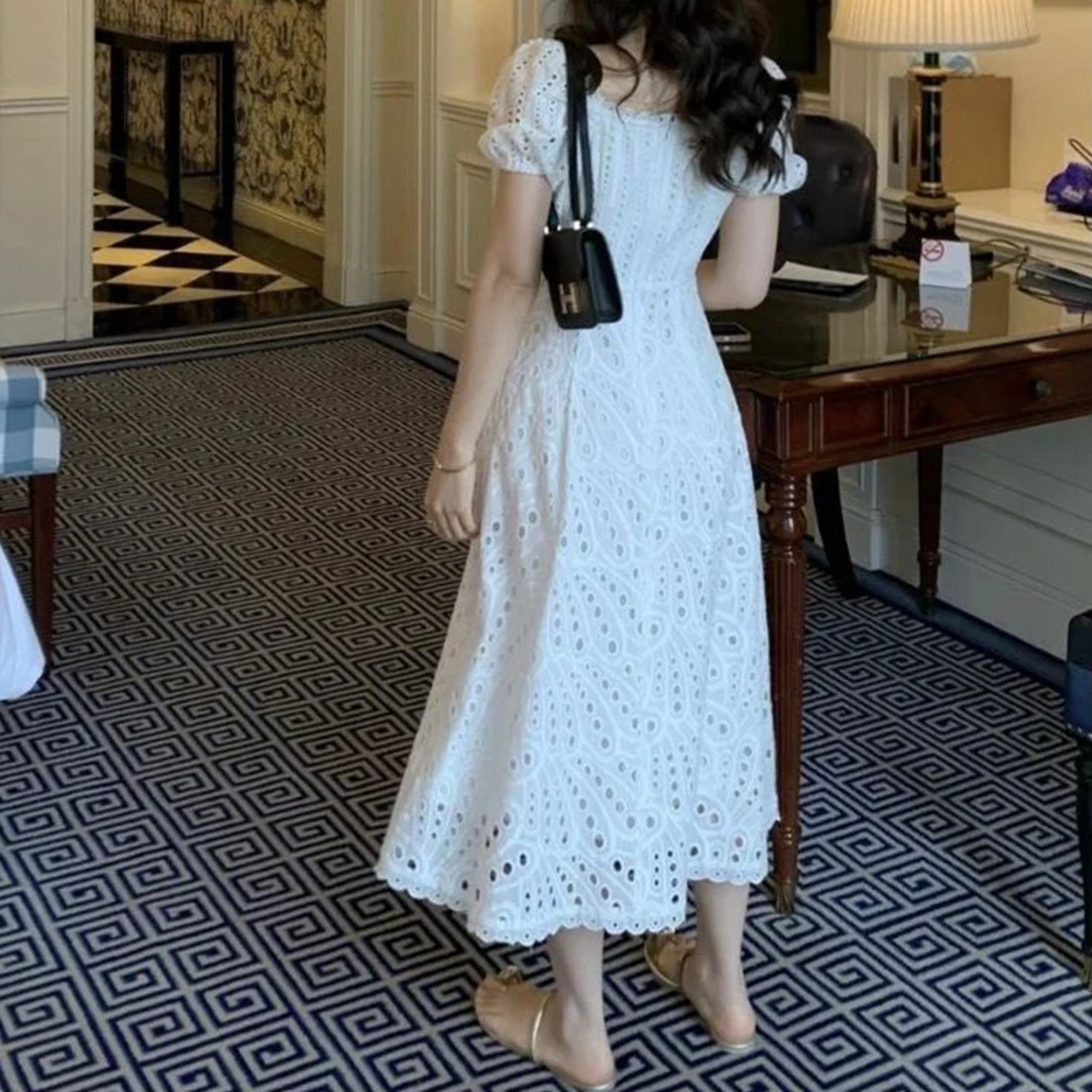 Summer Elegant Korean Chic White Midi Dress, Women French Hollow Out Sexy Kawaii, Vestidos Fiesta Fashion Short Sleeves – view 2