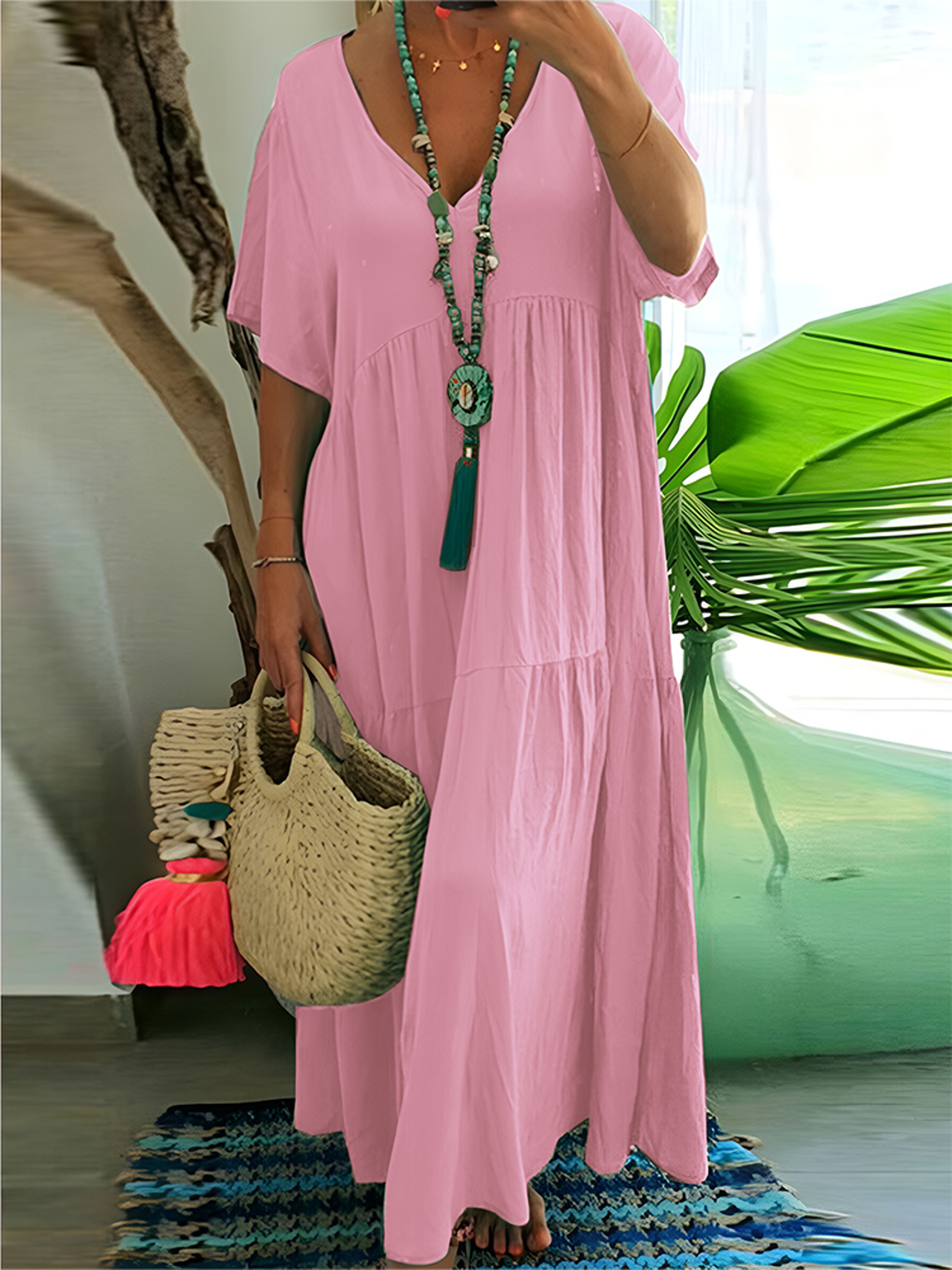 Womens Dress Plus Size Casual Loose VNeck Solid Long Pleated Spring Summer Dress 7