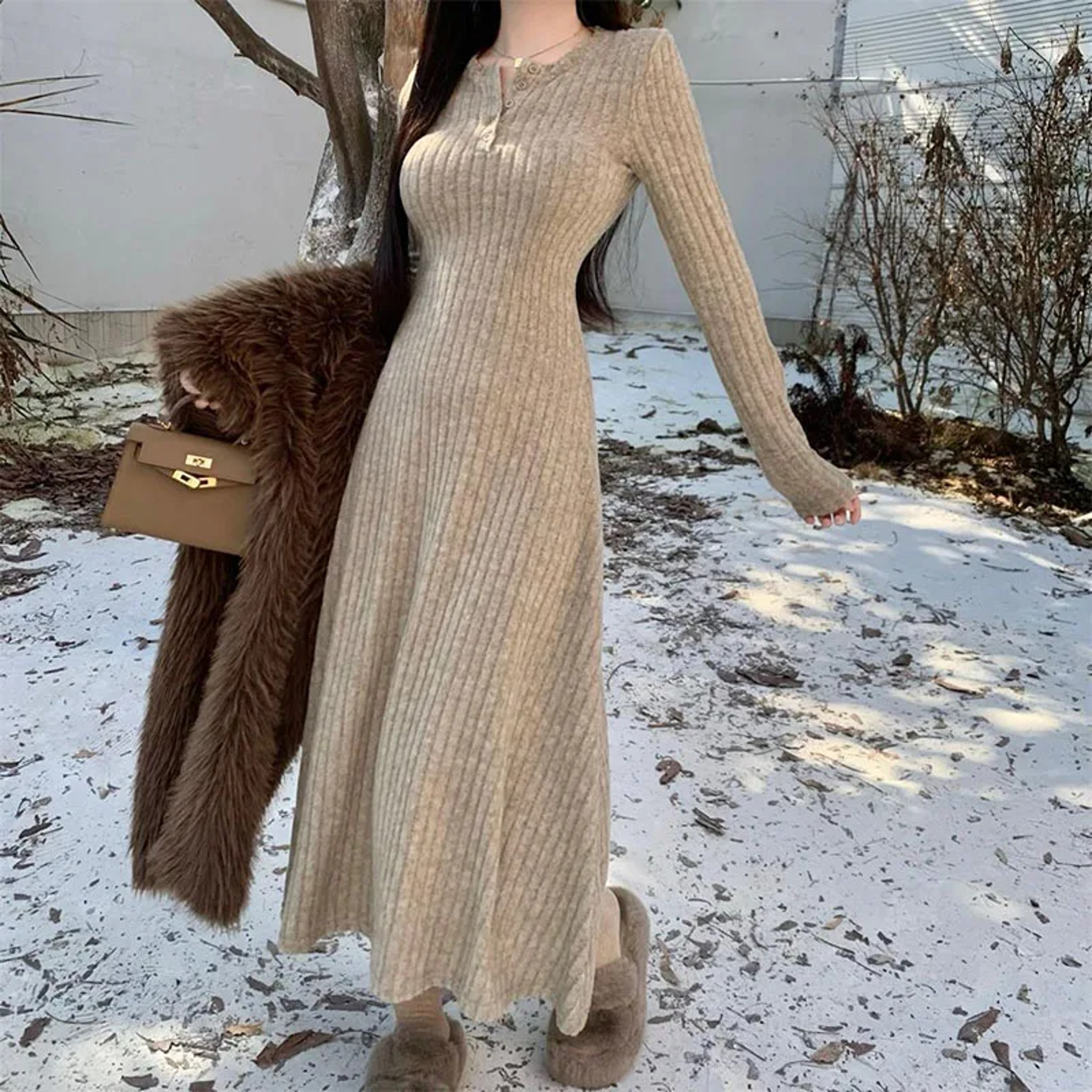 Elegant Slim High Waist Knit Dresses for Women, Autumn Winter Long Sleeve Thick Warm Dress, Vintage Streetwear – view 3