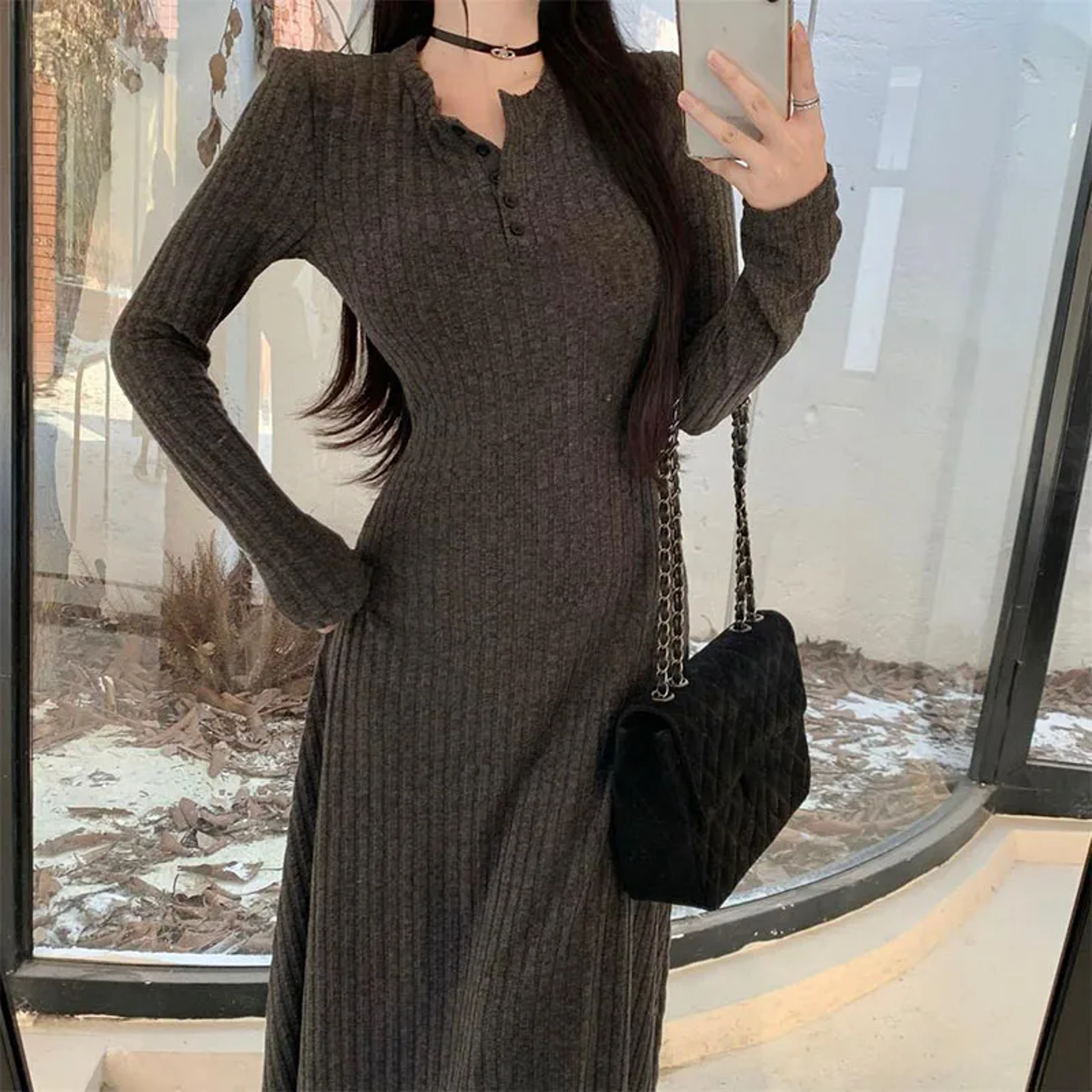 Elegant Slim High Waist Knit Dresses for Women, Autumn Winter Long Sleeve Thick Warm Dress, Vintage Streetwear – view 8