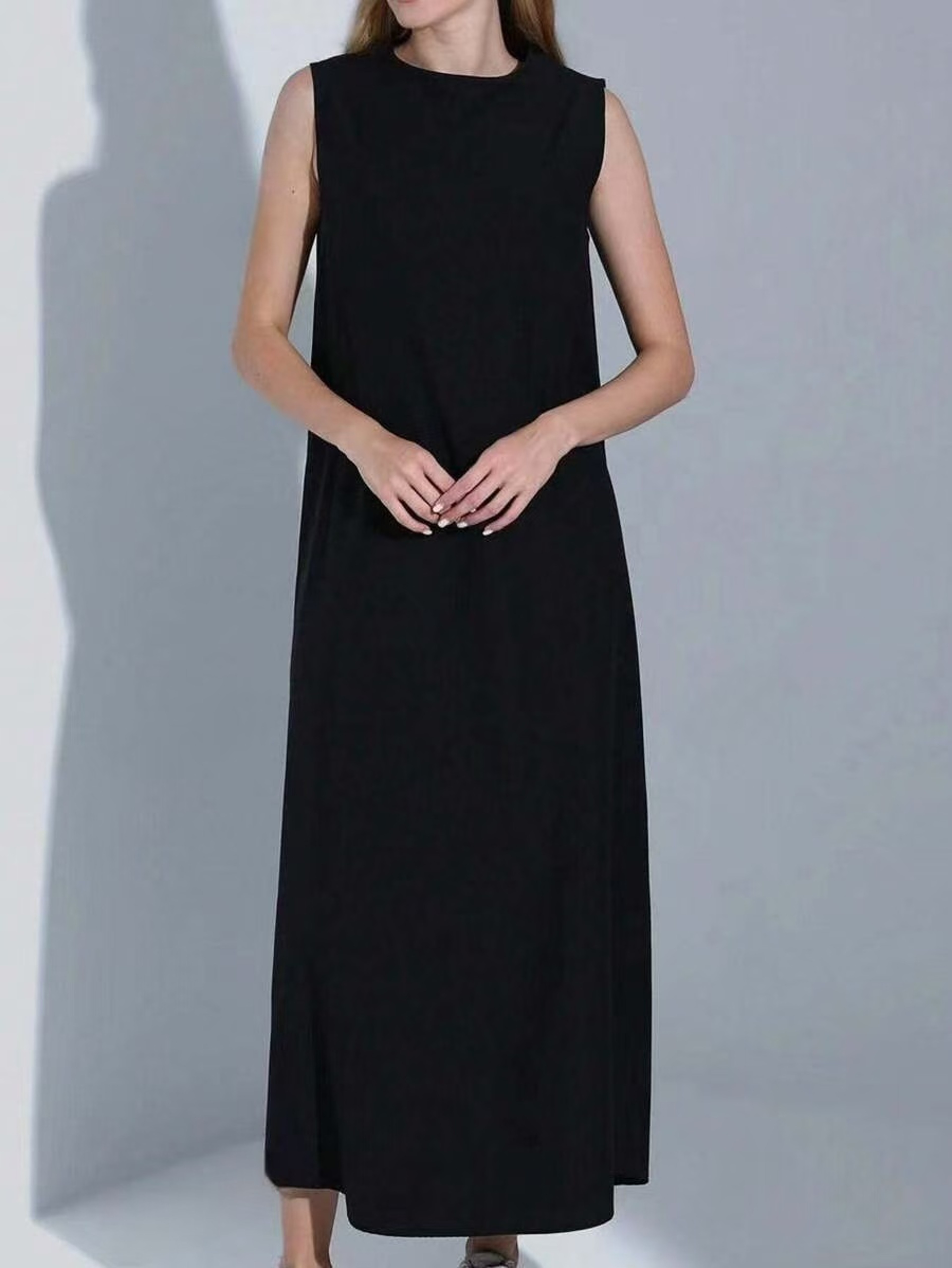 Women Dress Casual Vest Loose Draped Straight Skirt Round Neck 6