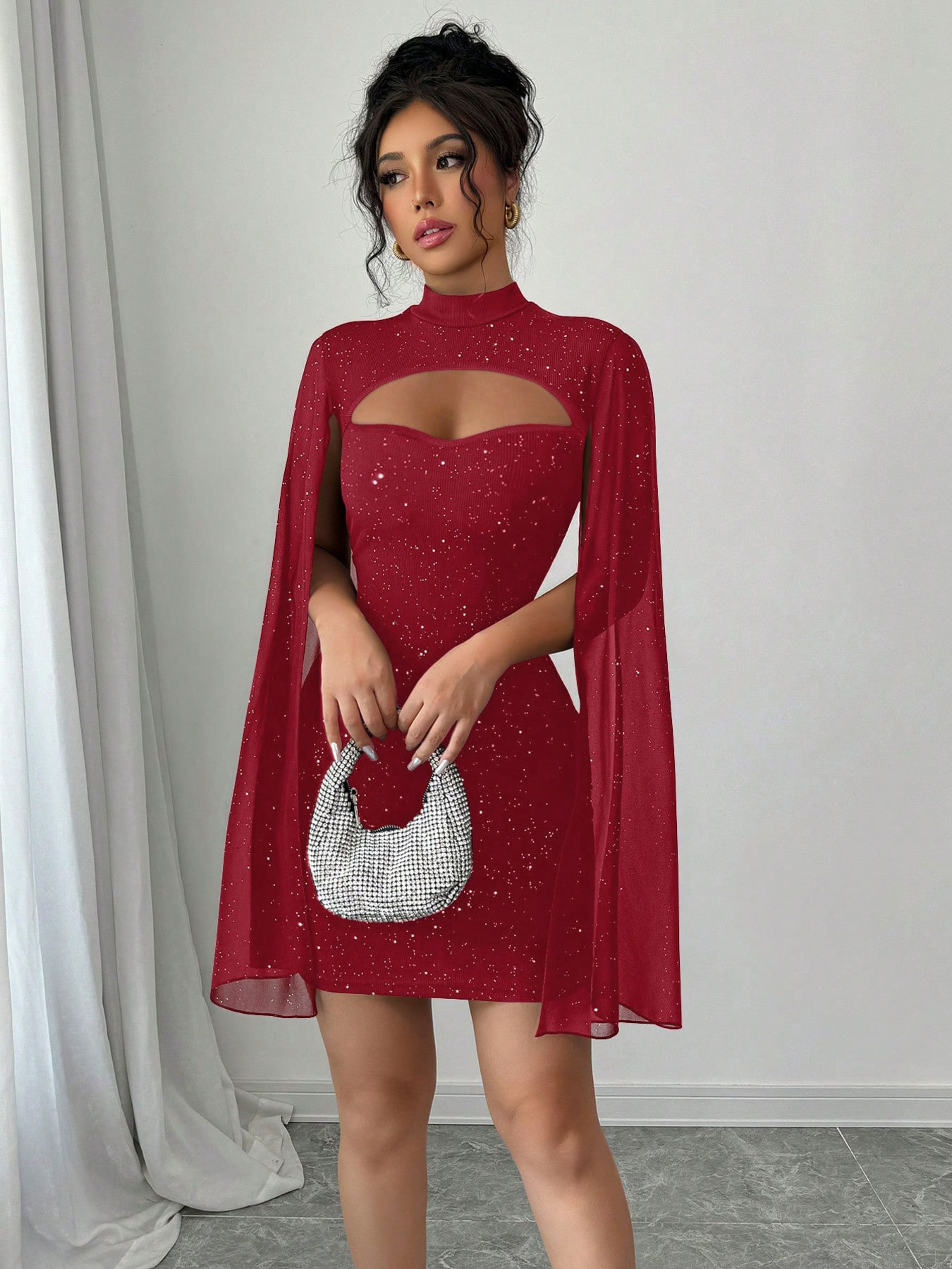 Women's Round Neck European and American Pit Stripe Pearl Chiffon Cape Hip Hugging Dress – view 5