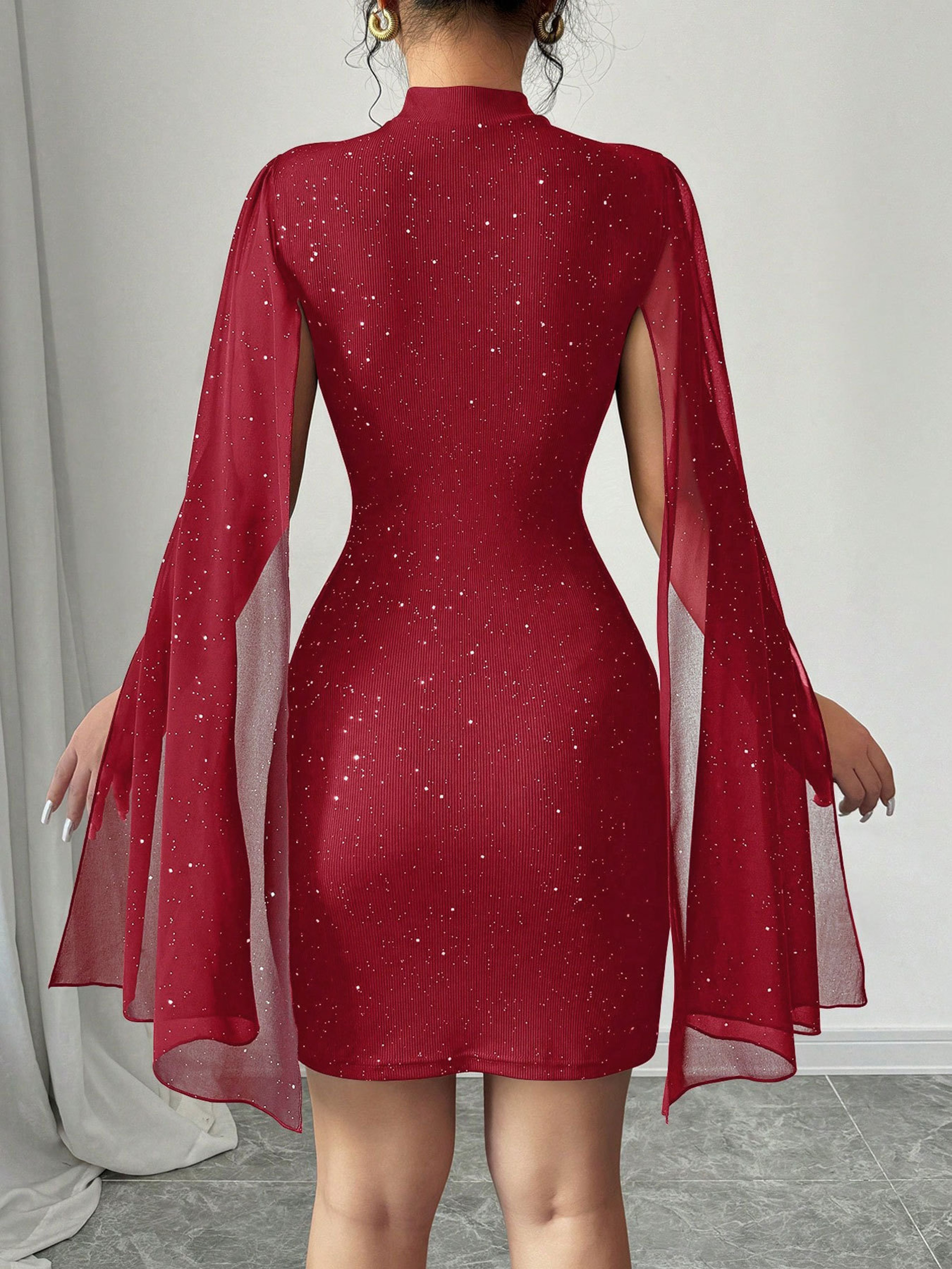 Women's Round Neck European and American Pit Stripe Pearl Chiffon Cape Hip Hugging Dress – view 6