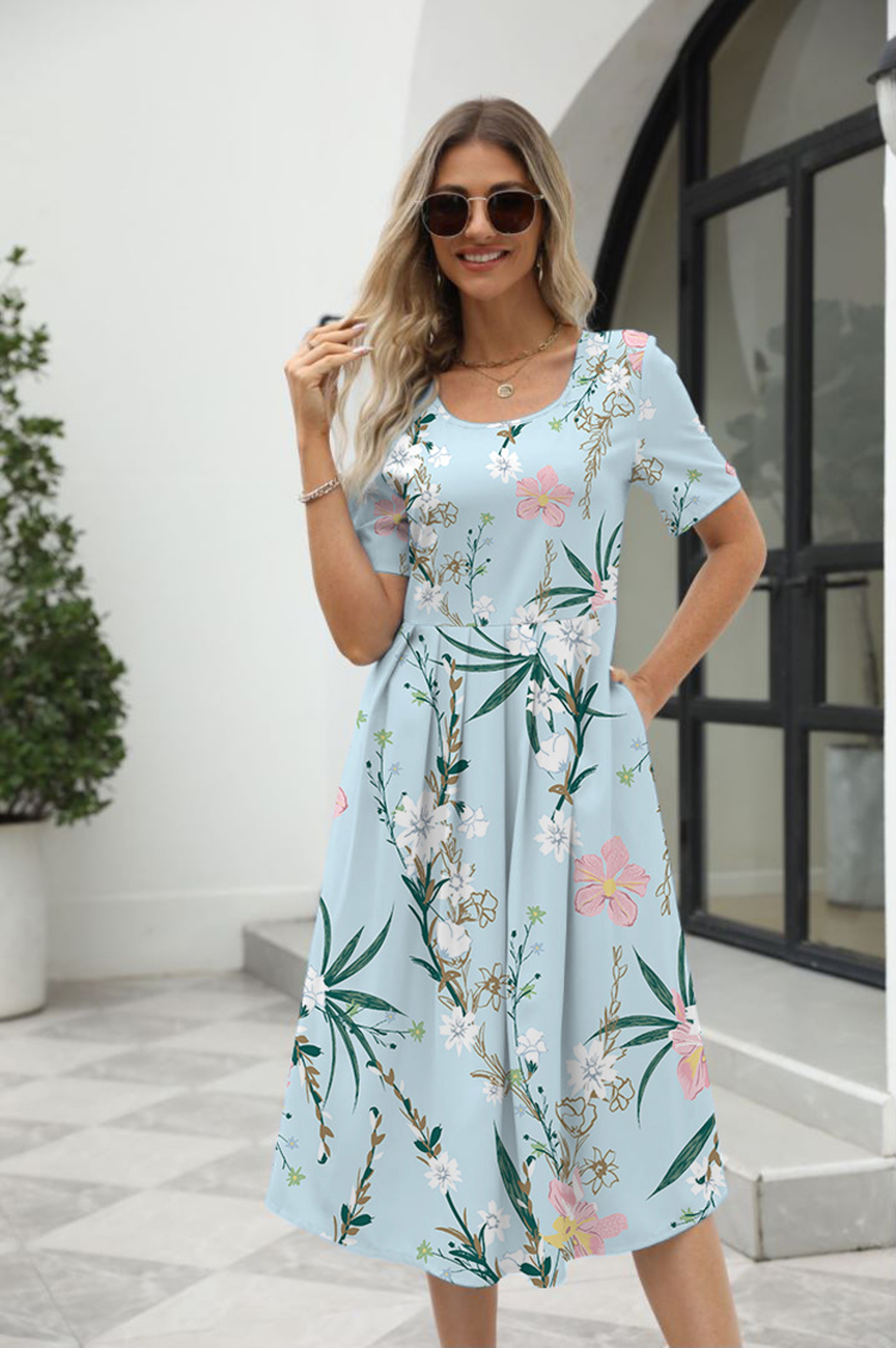 Elegant Printed Summer Dress for Women with Zipper Round Neck Short Sleeve – view 3