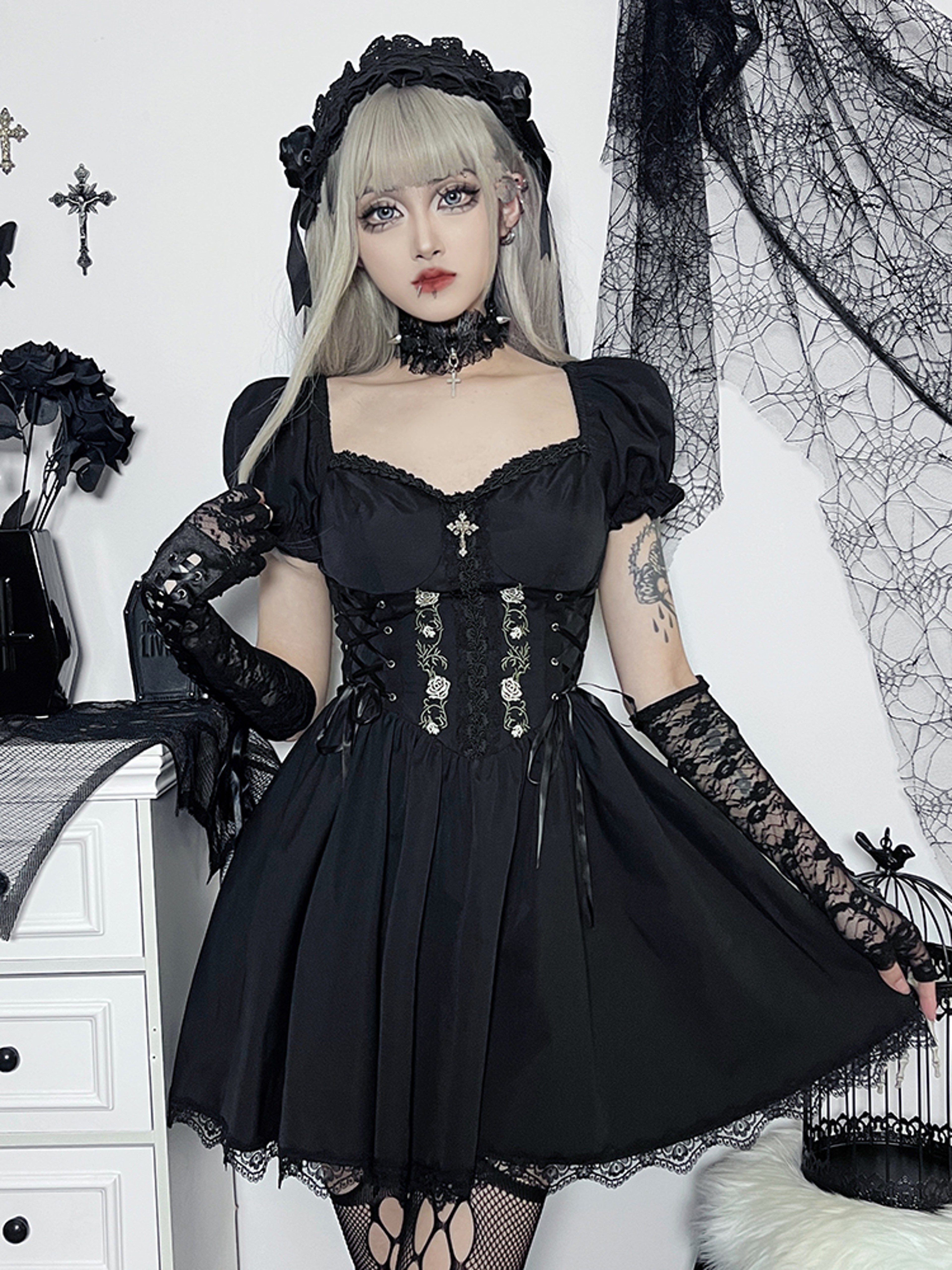 Dark Lace Up Vintage Gothic Corset Dress Women Lolita Princess Dress Streetwear Partywear – view 1