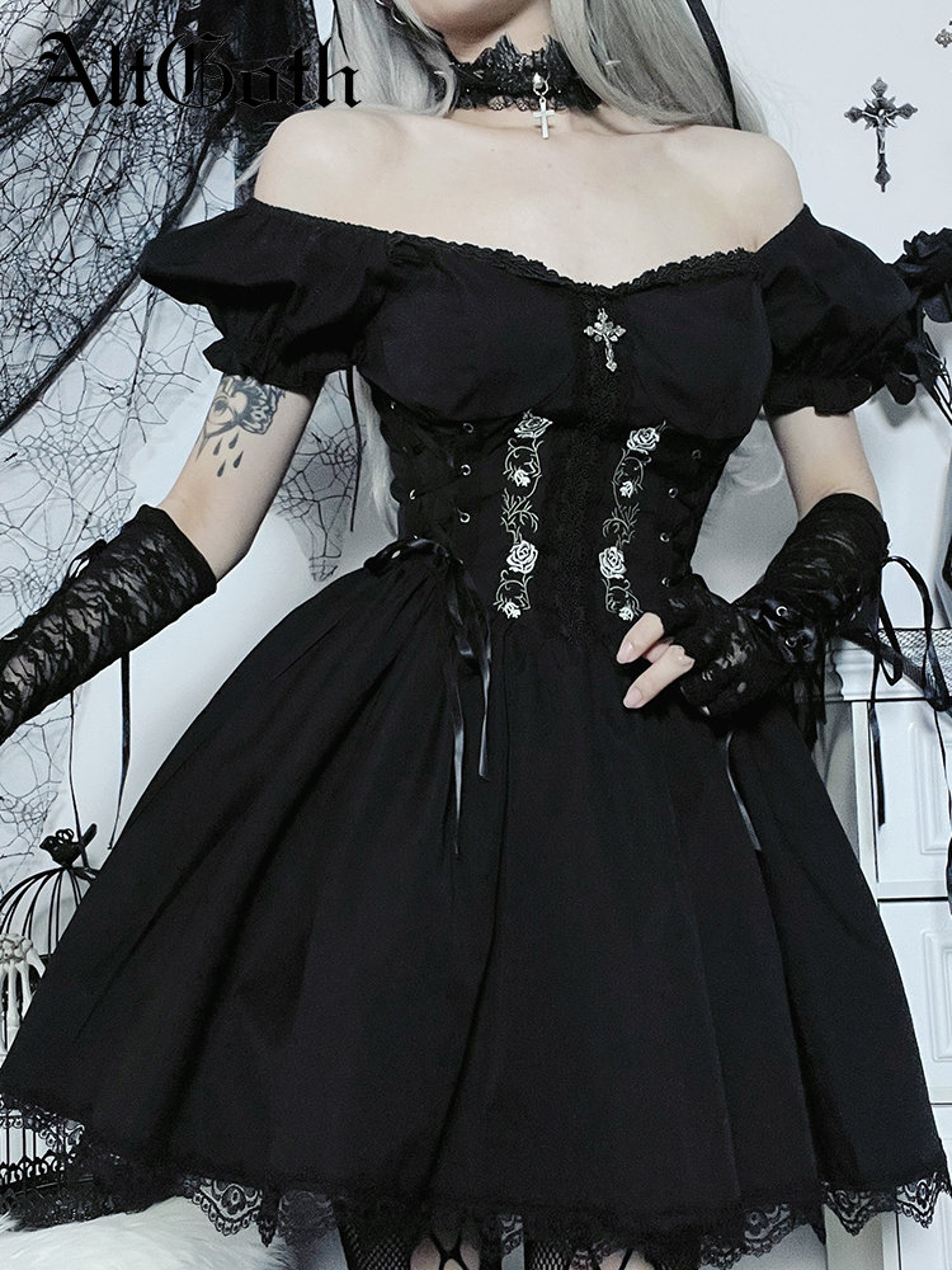 Dark Lace Up Vintage Gothic Corset Dress Women Lolita Princess Dress Streetwear Partywear – view 2