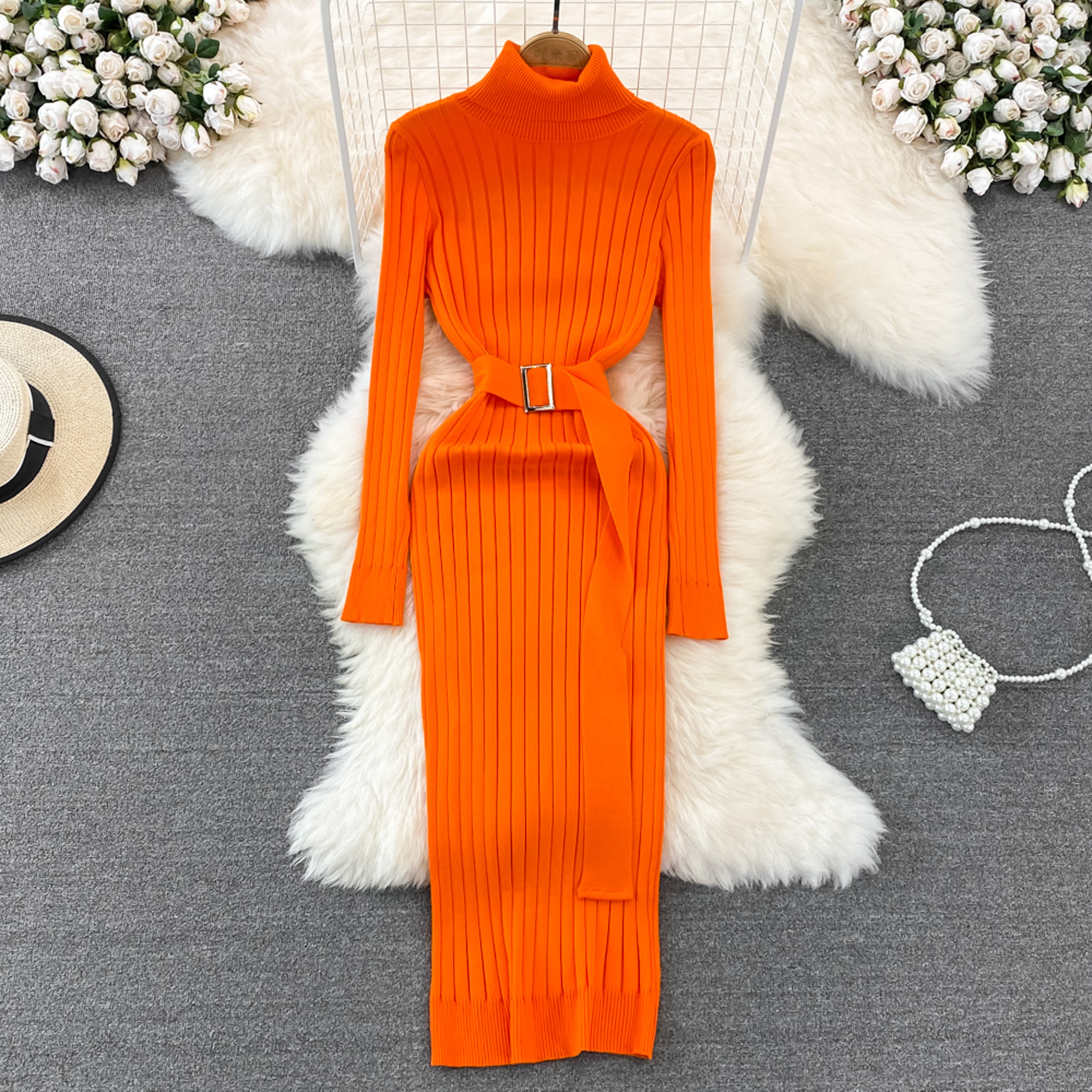 Autumn Winter Long Sleeve Bodycon Sweater Dress with Belt, Turtleneck Sexy Wrap Hips Knitted Dresses Women – view 2