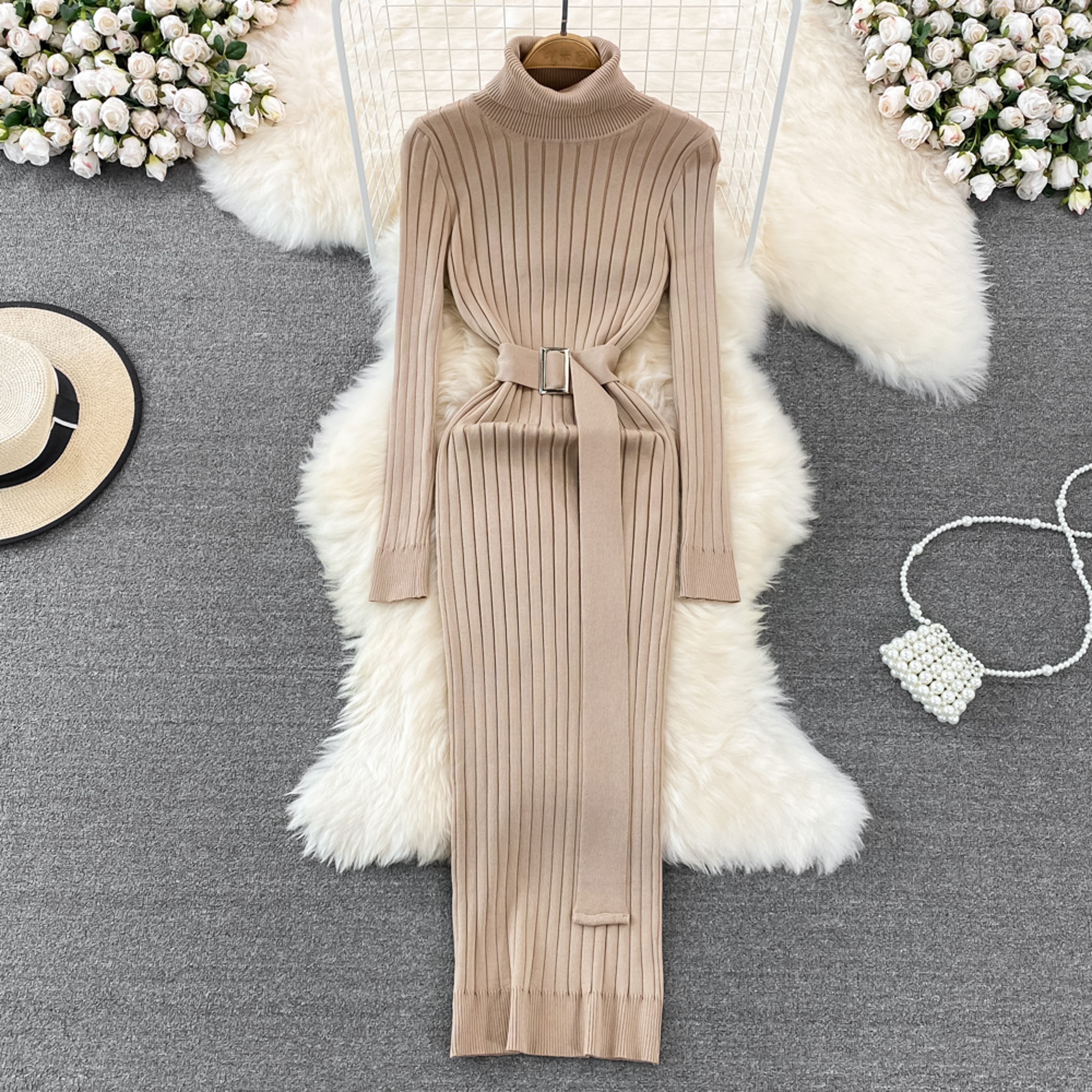 Autumn Winter Long Sleeve Bodycon Sweater Dress with Belt, Turtleneck Sexy Wrap Hips Knitted Dresses Women – view 4