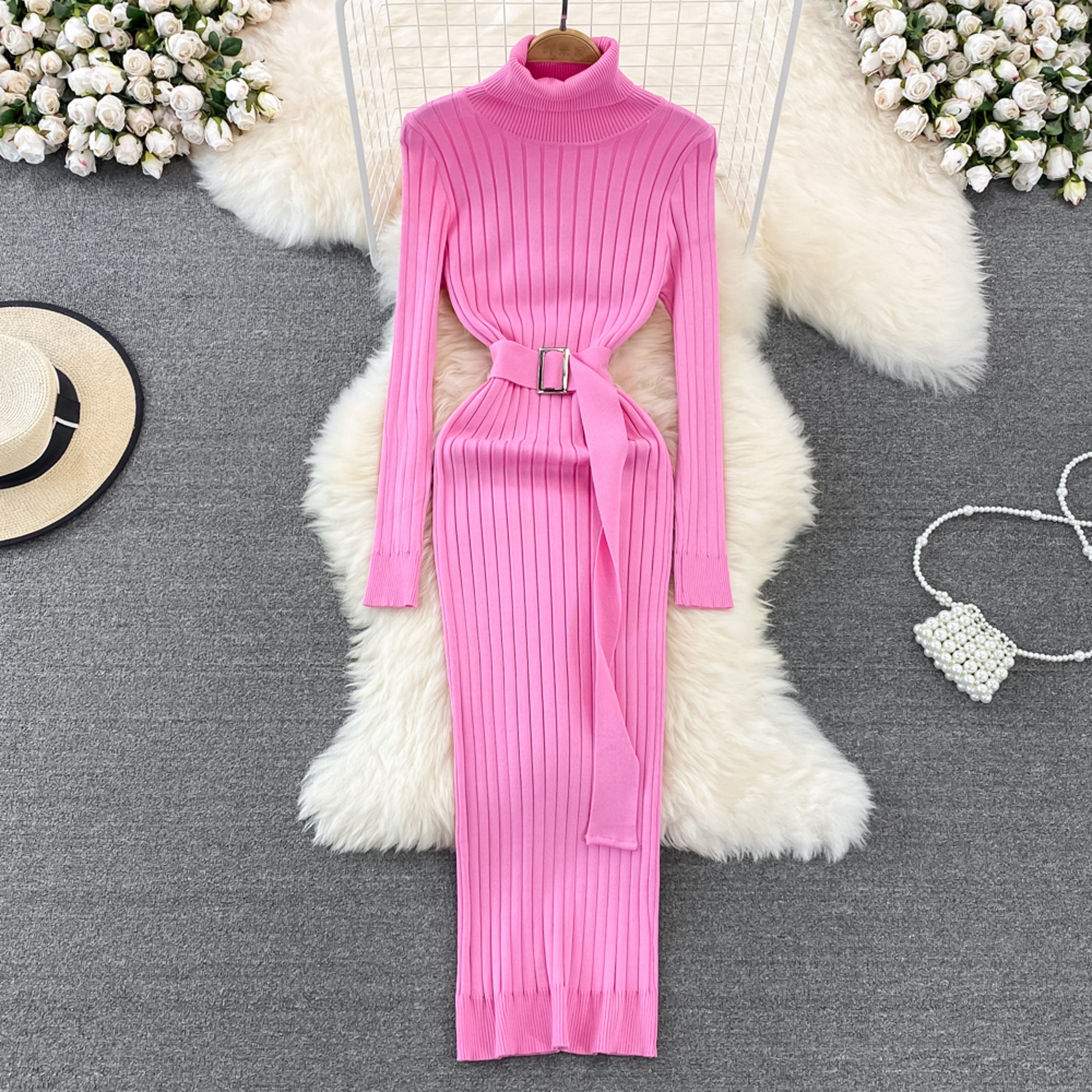 Autumn Winter Long Sleeve Bodycon Sweater Dress with Belt, Turtleneck Sexy Wrap Hips Knitted Dresses Women – view 11