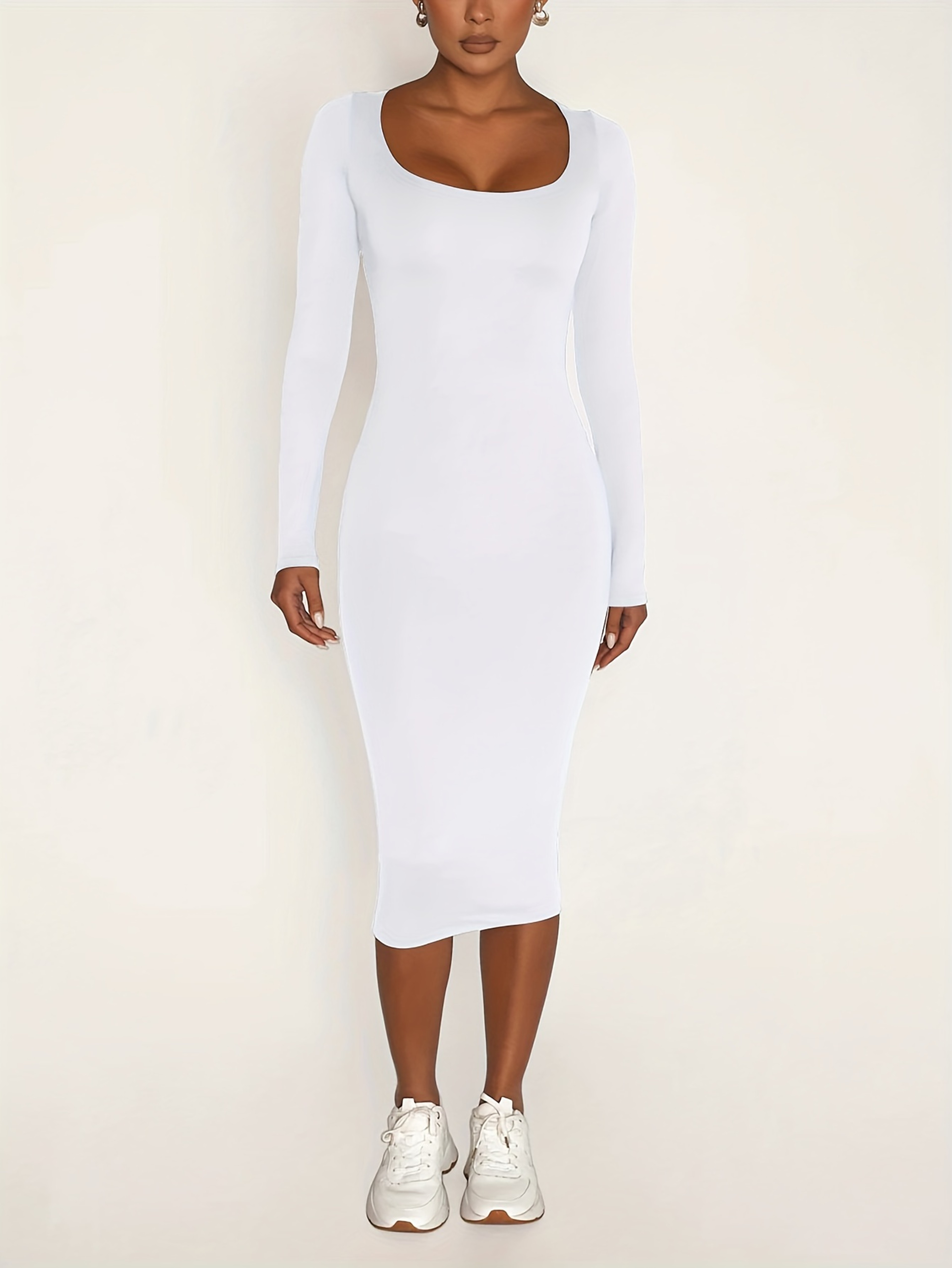 Stretch Winter Dress Womens Long Sleeve U-Neck Bodycon Midi Jumper – view 8