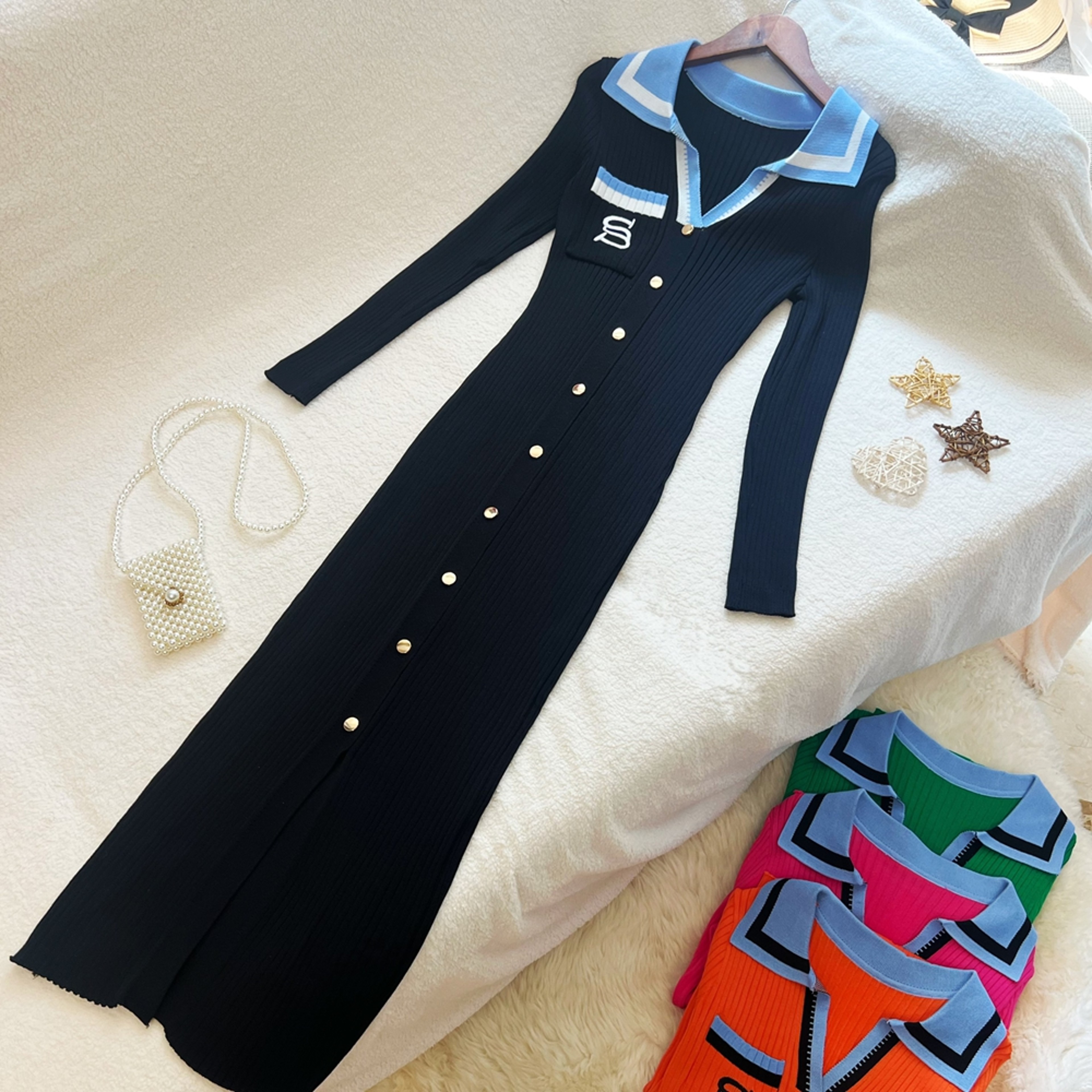 Elegant Lady Office Dress, Embroidery Slim Elastic Long Sweater Vestido – view 7