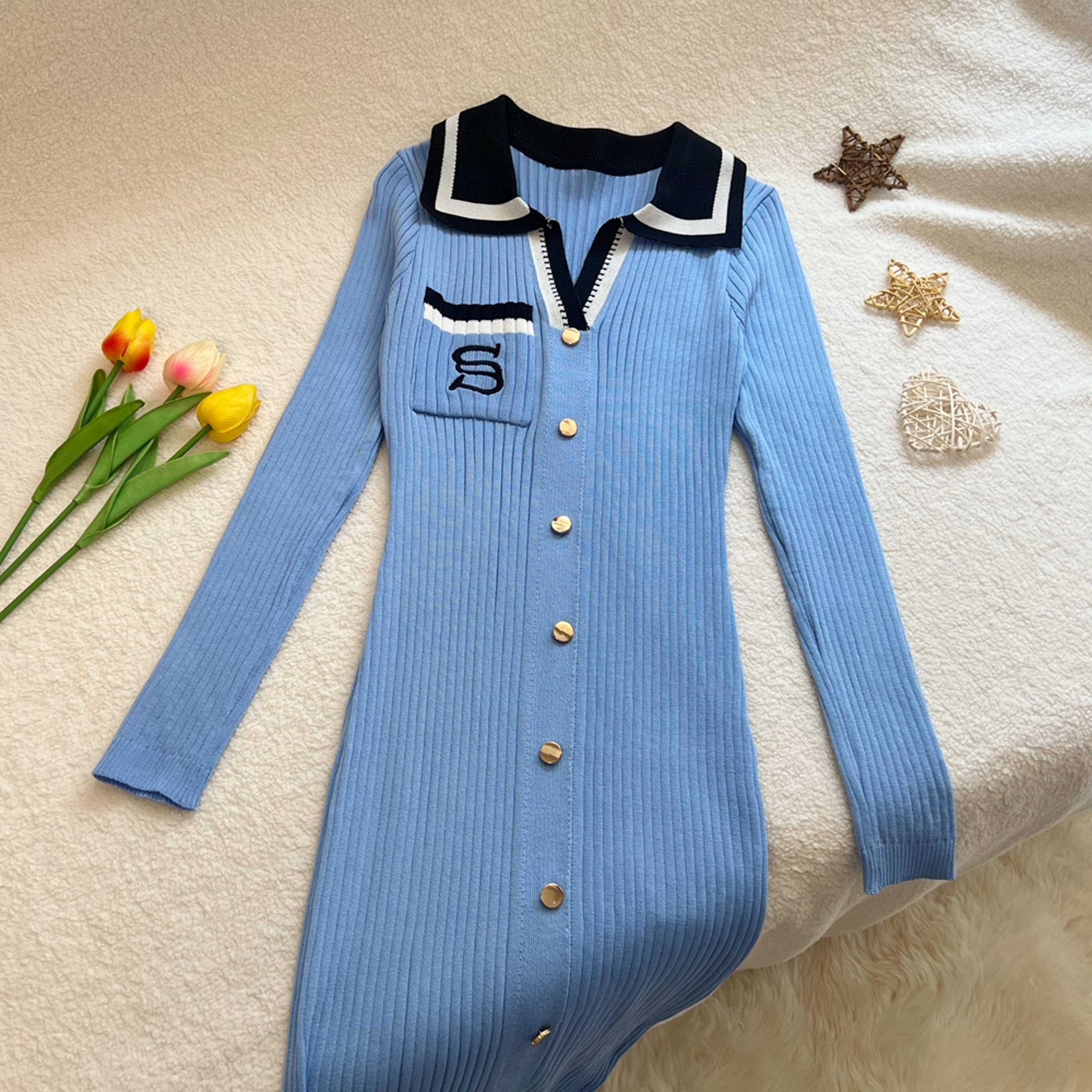 Elegant Lady Office Dress, Embroidery Slim Elastic Long Sweater Vestido – view 12