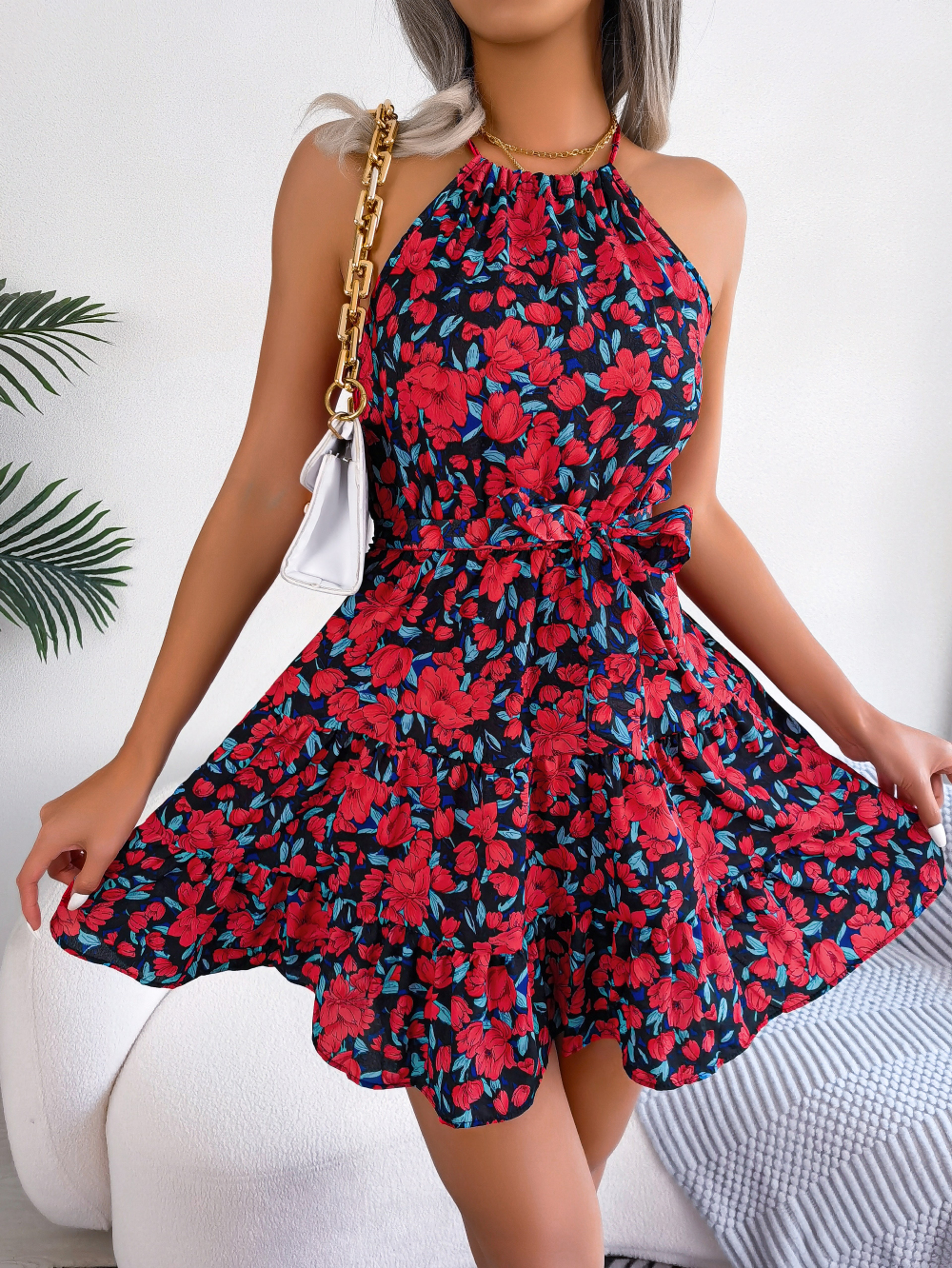 Casual Women Summer Floral Print Ruffle Halter Dress Perfect For Warm Weather 3