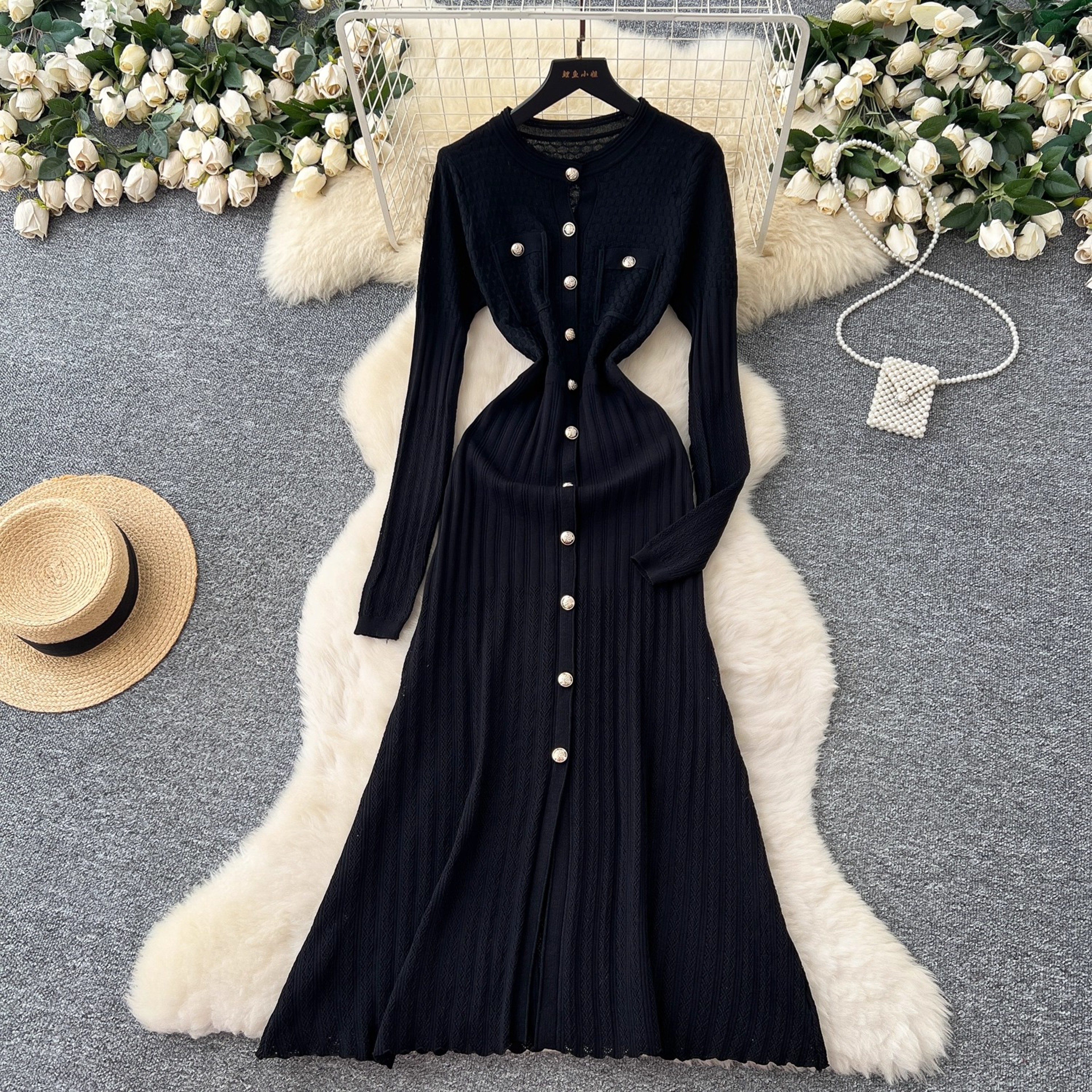 Luxury Office Lady Fashion Aesthetic Patchwork Knitted Maxi Dress Autumn Winter Sweater Shirt Dress 2