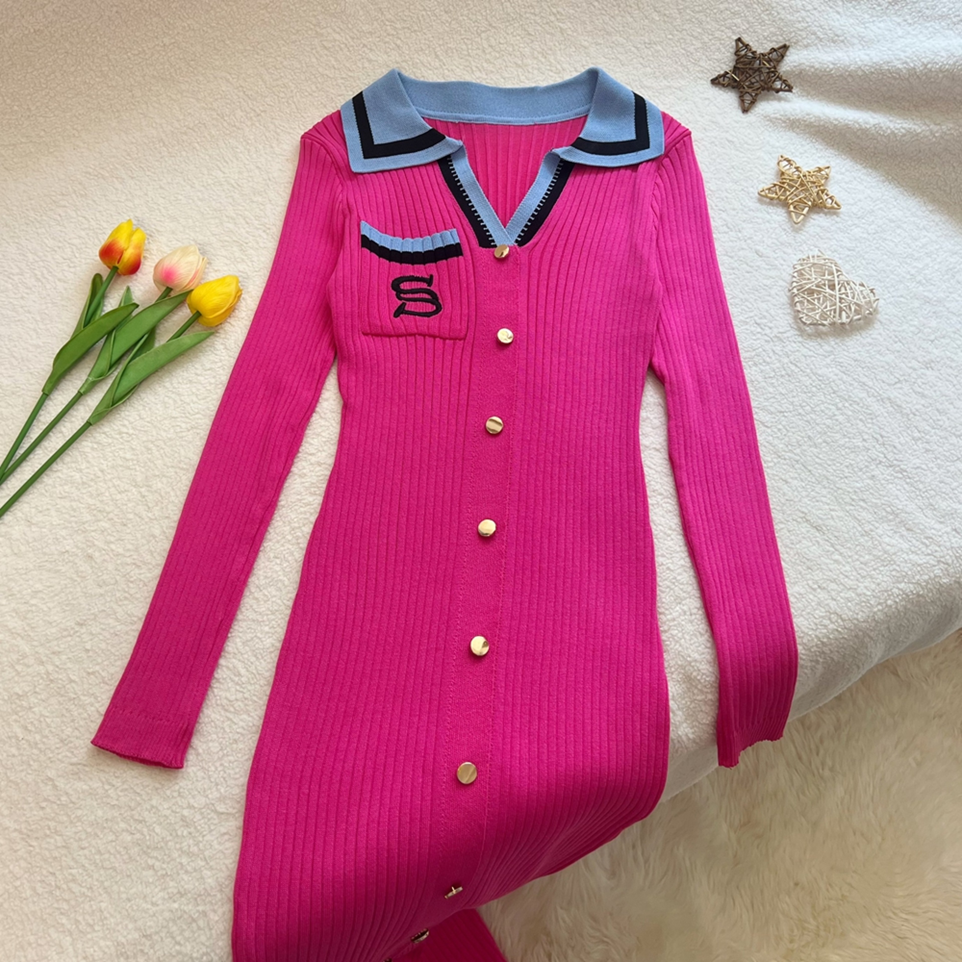 Elegant Women Dress Autumn Winter Fashion Embroidery Slim Elastic Long Sweater Office Dress 1
