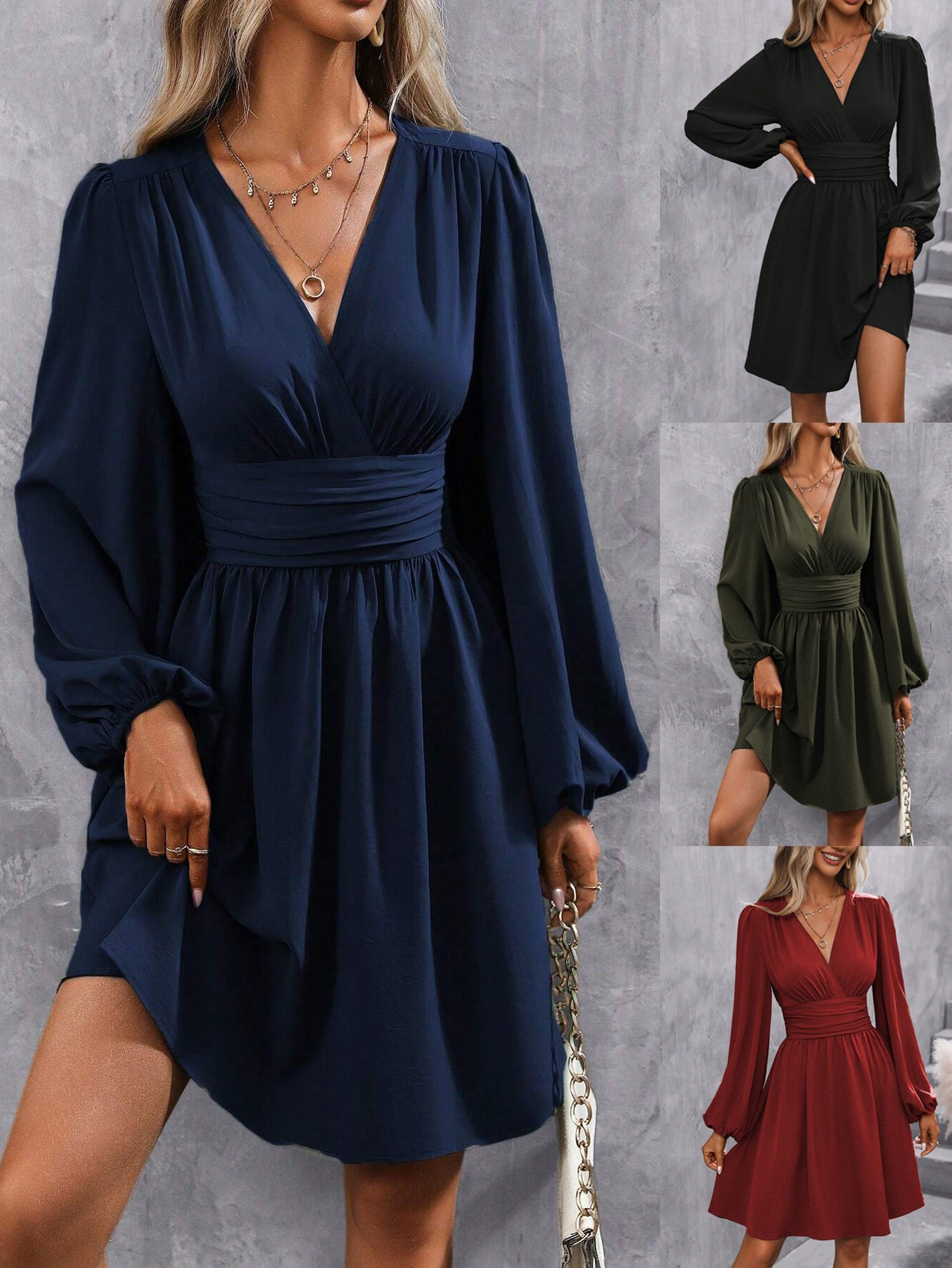 Women Winter Neck Lantern Sleeve Dress, Knit Dress with Waist Shirring, Bodycon Maxi – view 1