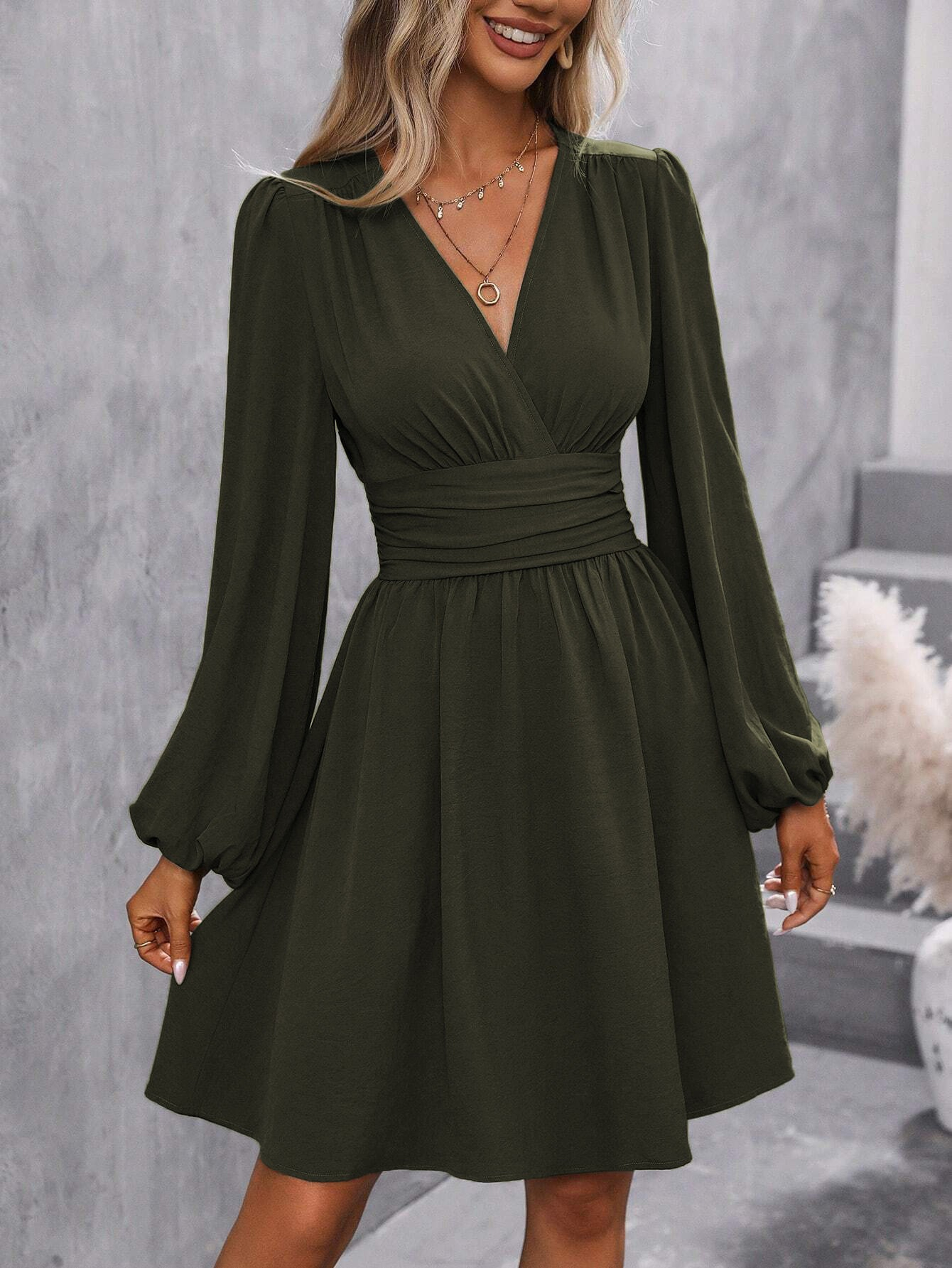 Women Winter Neck Lantern Sleeve Dress, Knit Dress with Waist Shirring, Bodycon Maxi – view 8