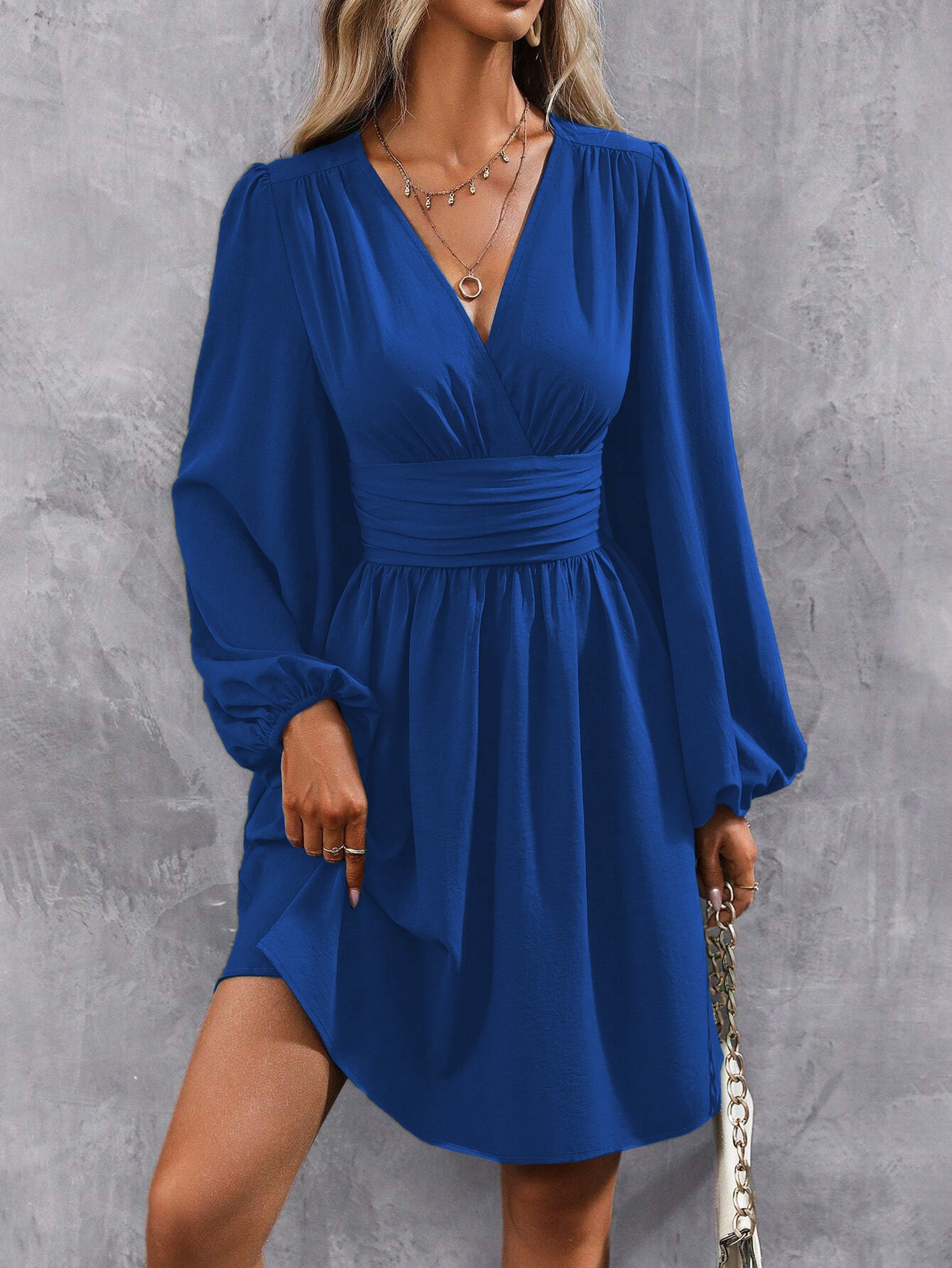 Women Winter Neck Lantern Sleeve Dress, Knit Dress with Waist Shirring, Bodycon Maxi – view 15