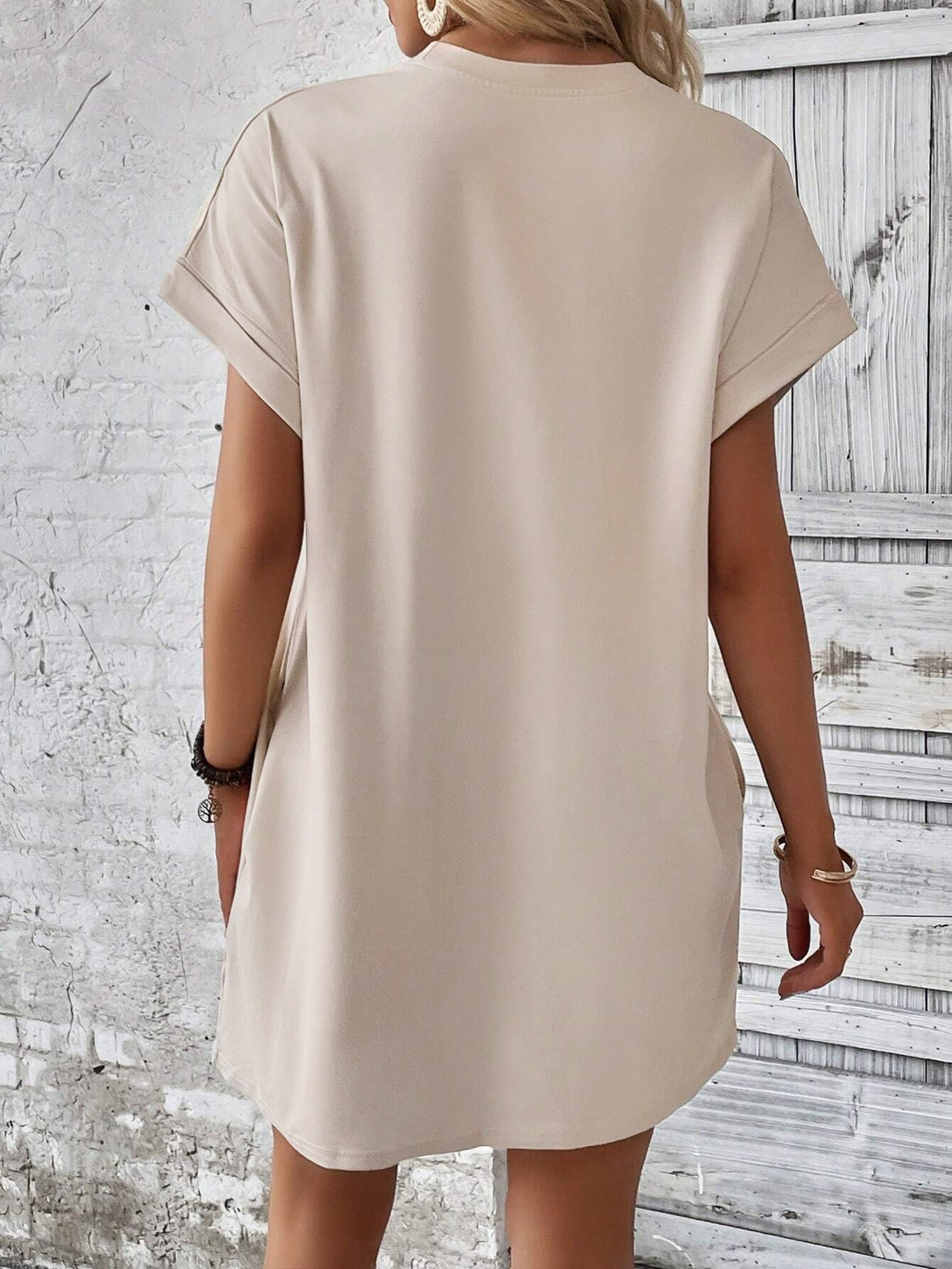 Women Plain Pocket Batwing Sleeve Tee Dress, Summer Dresses, Casual Round Neck Roll Up Sleeve Dress for Women Versatile – view 2
