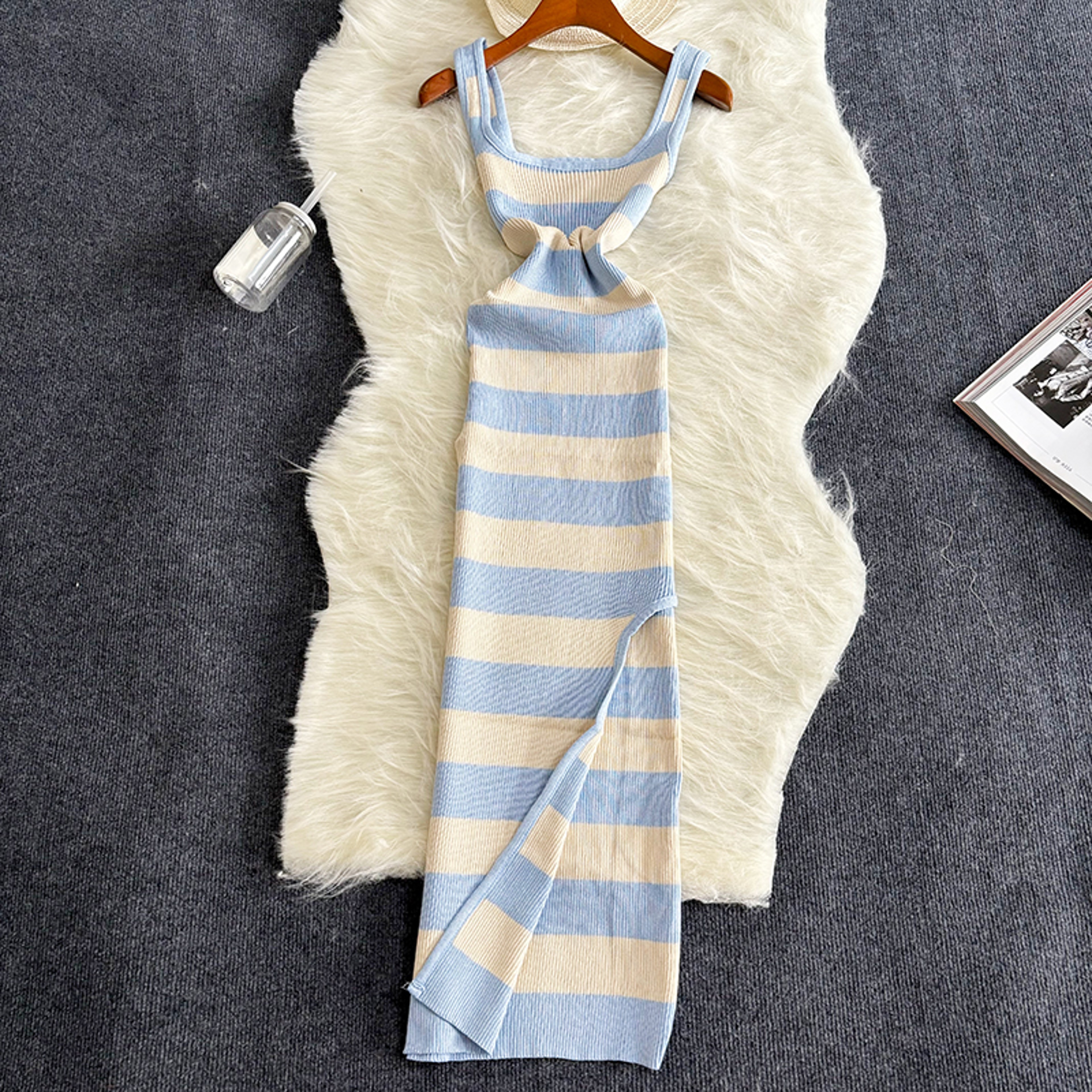 Stripe Summer Elastic Split Bodycon Dress, Sexy Beach Vacation Sundress, Women Casual Slim Pencil, Maxi Long Dress, Warm – view 2
