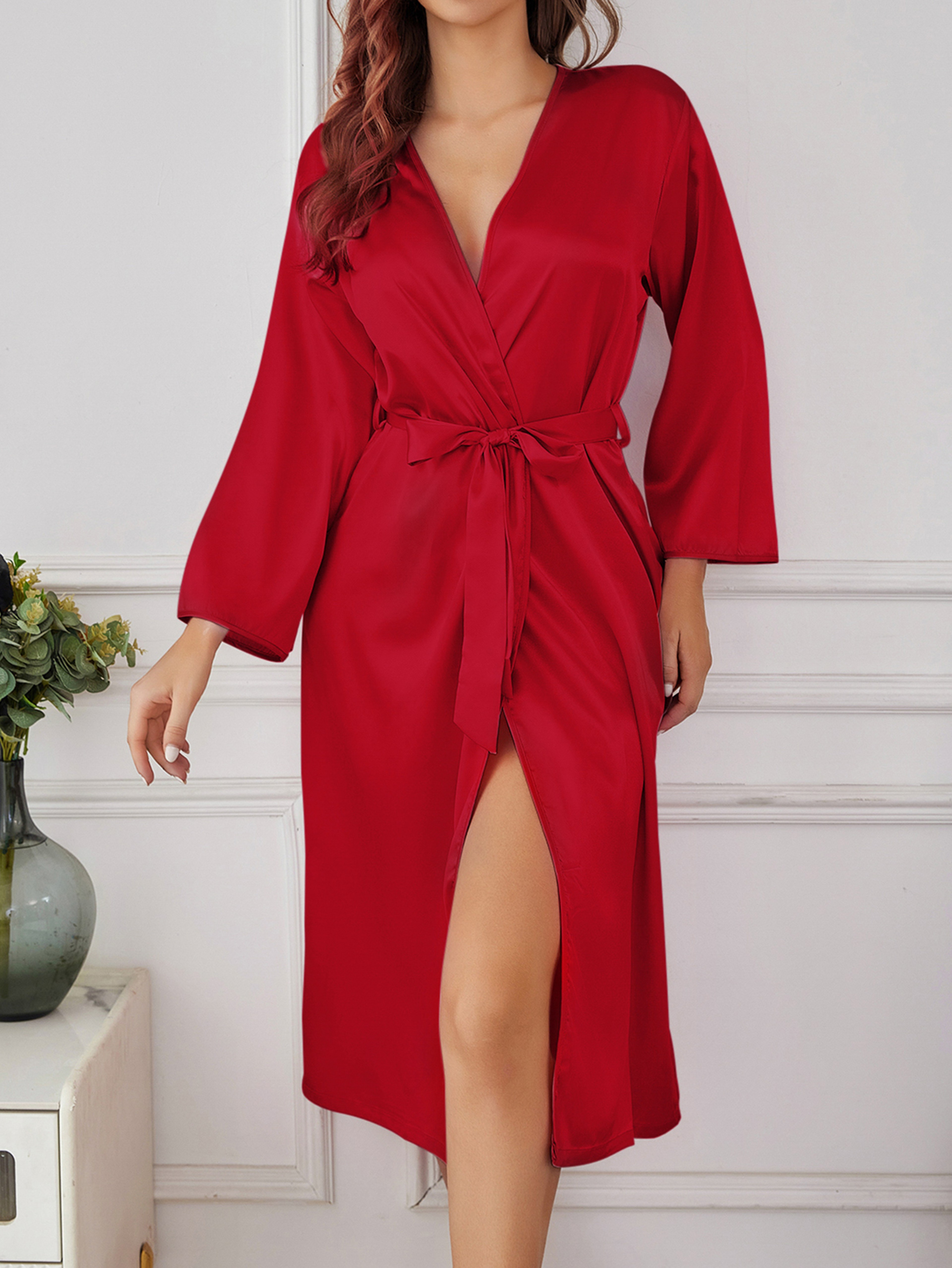 Women Summer Homewear Solid Color Thin Long Sleeve Nightgown Soft Draping Casual Loungewear Outerwe 3