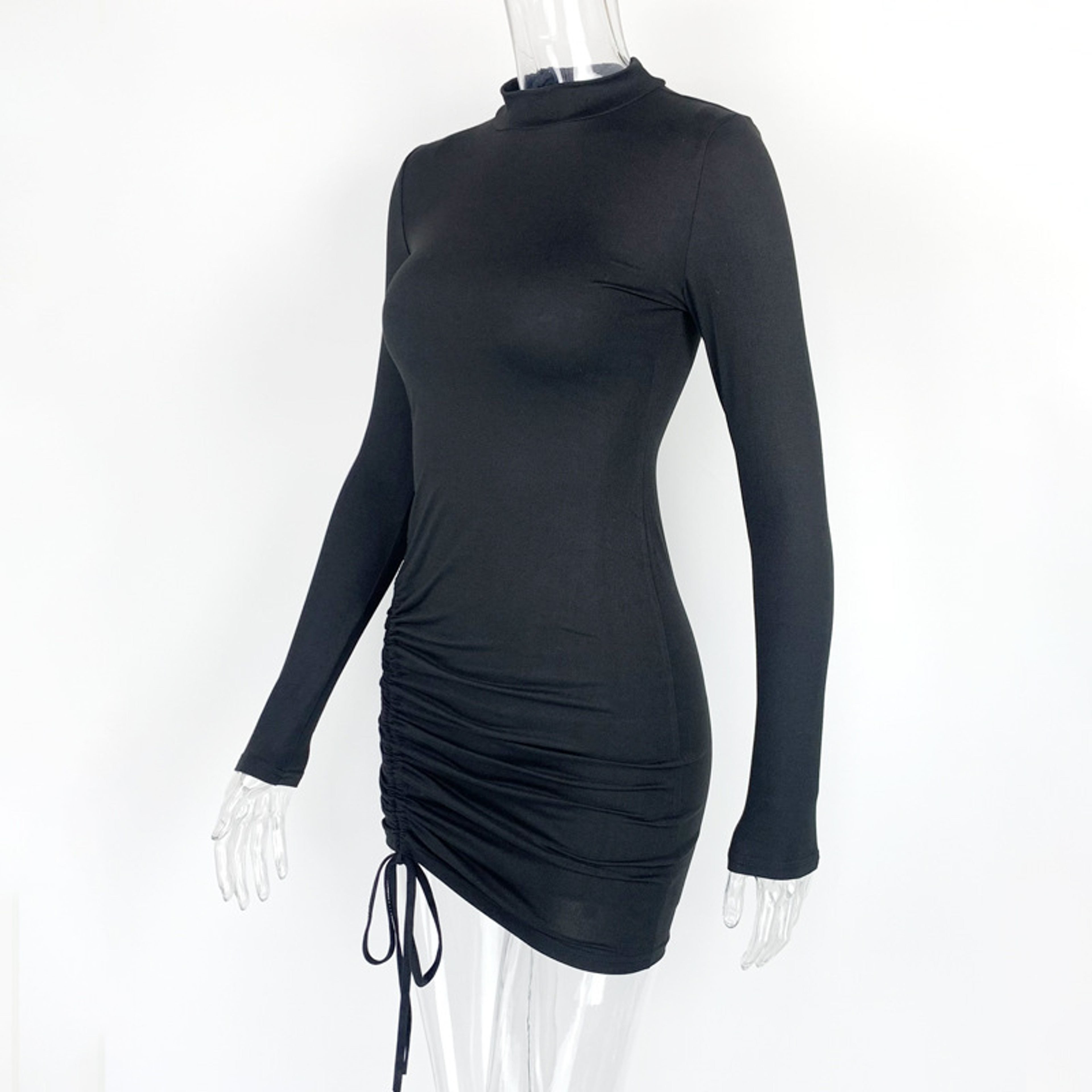 Elegant Long Sleeve Mini Dress, Solid Bodycon Sheath Turtleneck Knitted Dress – view 5