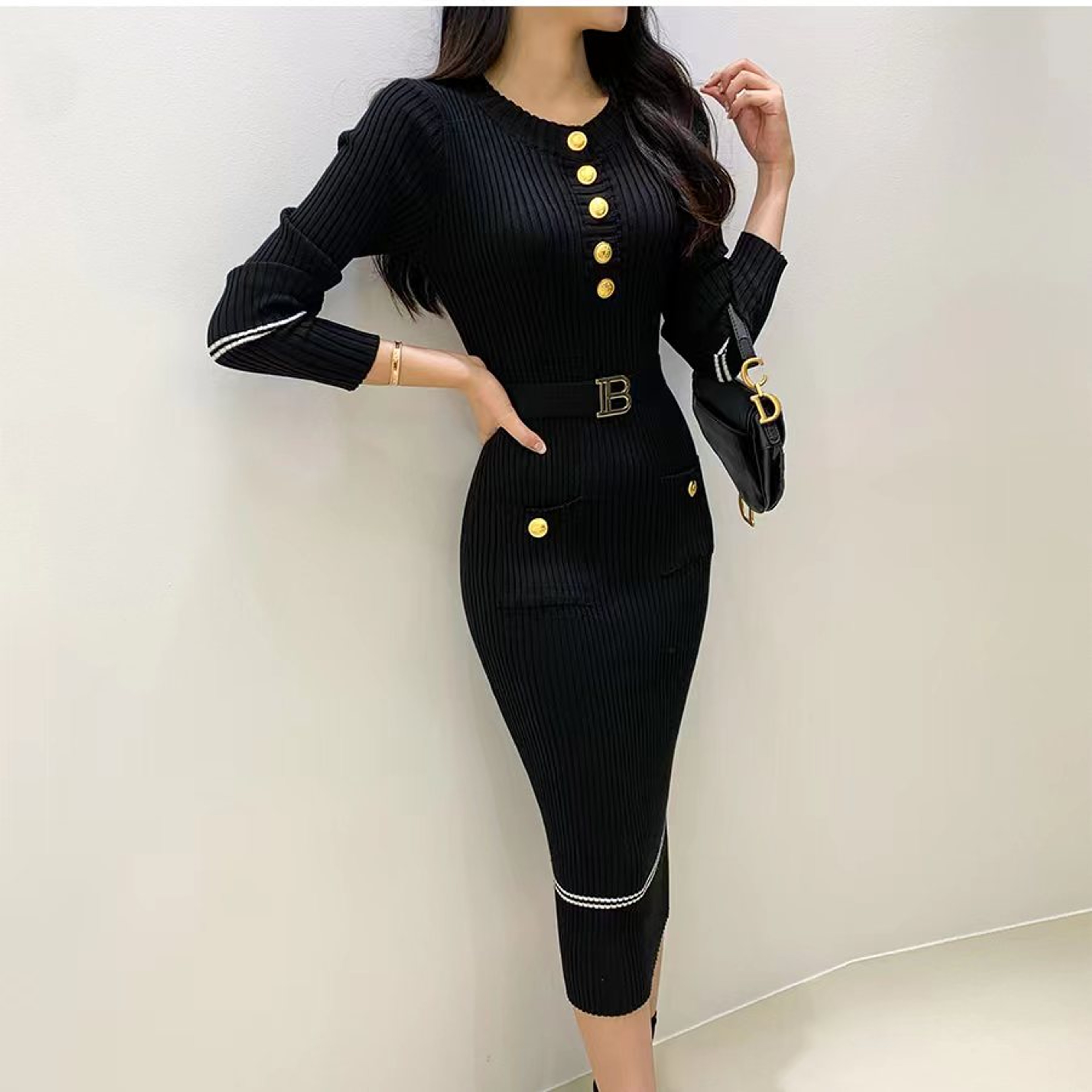 Autumn Winter New Round Collar Slim French Style Wrap Hip Dress 2