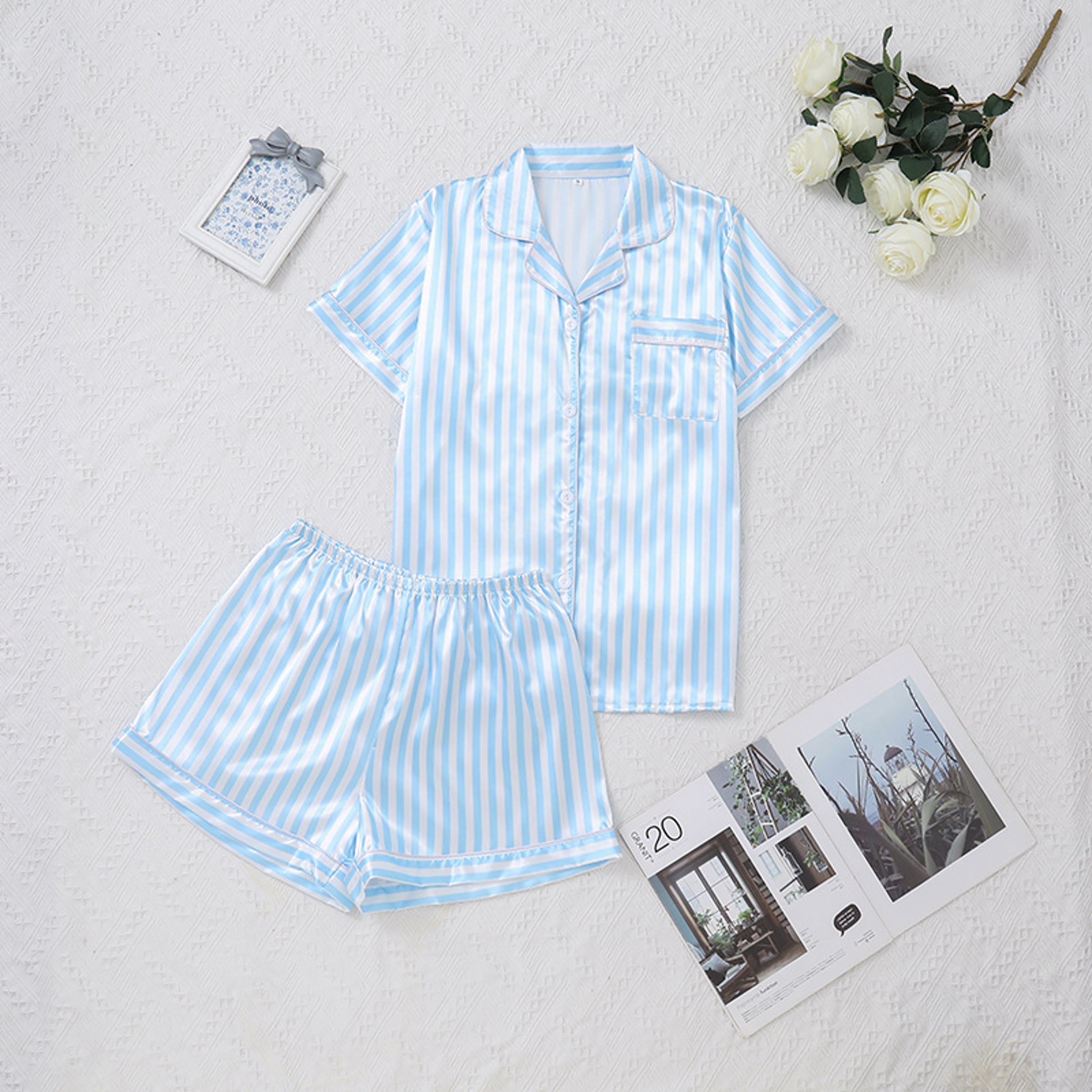 HighGrade Pink Striped Satin Silk Pajamas Women ShortSleeved Vneck Top And Shorts Sleepwear 5