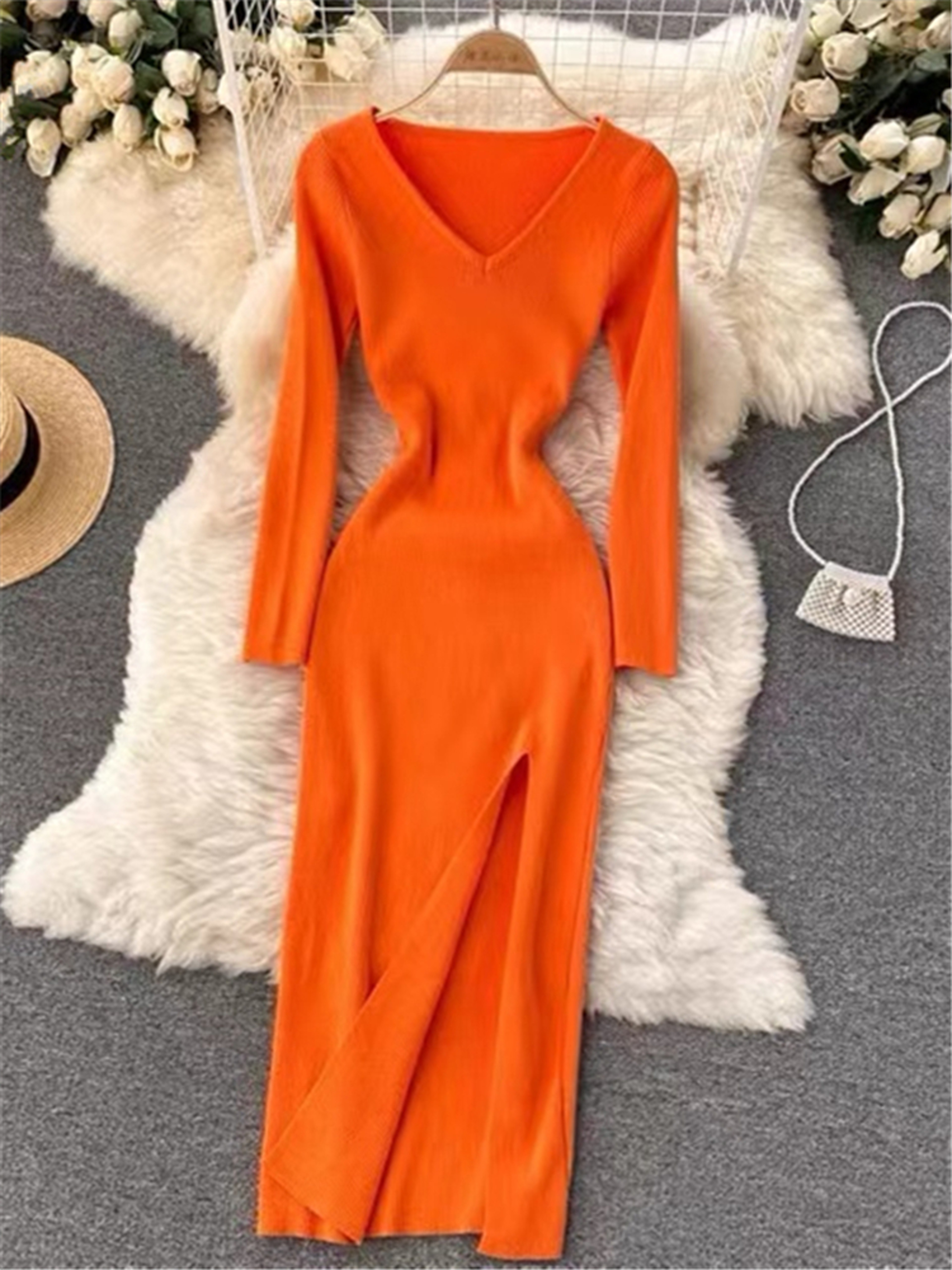 VNeck Slim TightFitting Wrap Dresses Autumn Winter French Slit Womens Sweater Dress 8